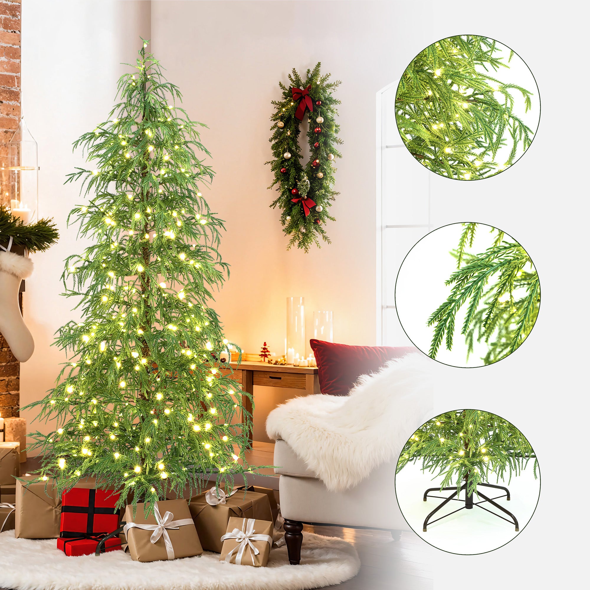 6Ft Pre-Lit Green Slender Artificial Cedar Christmas Tree with Metal Stand