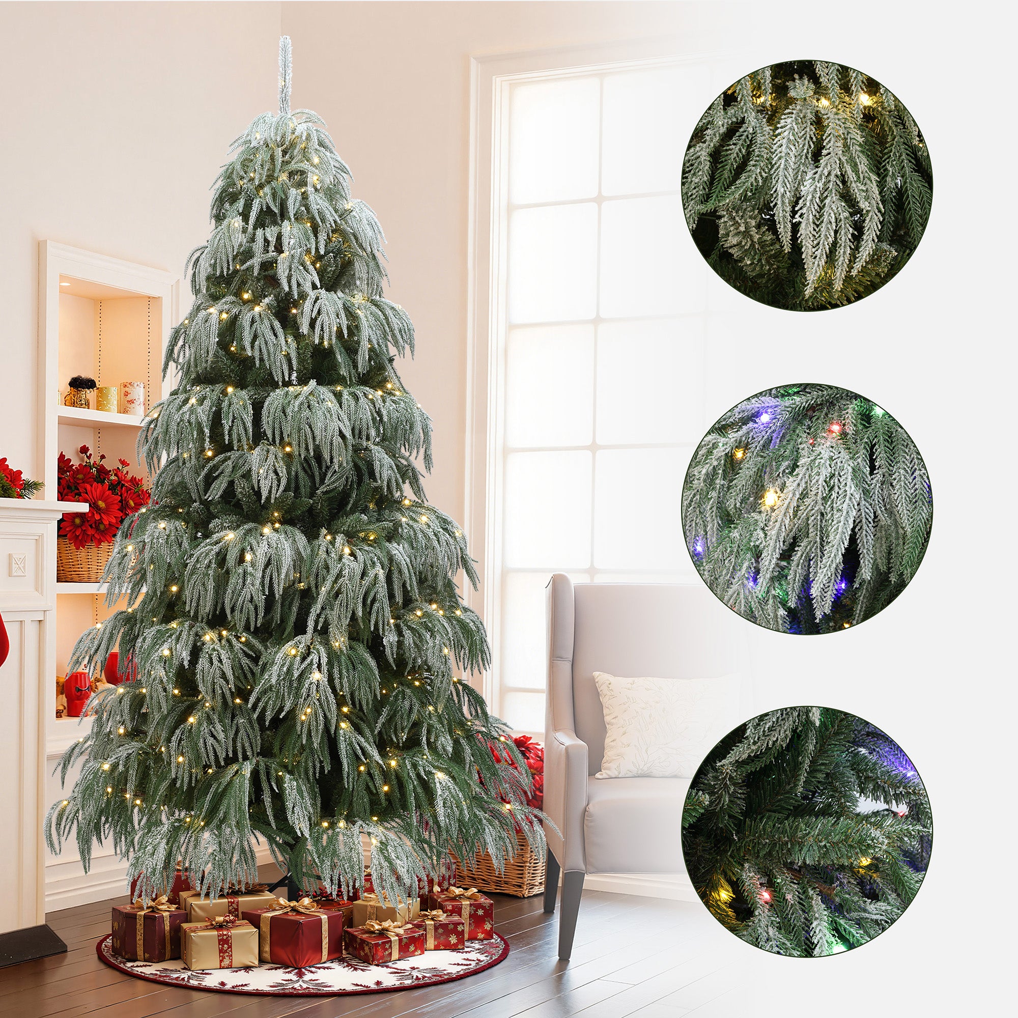 7Ft Flocked Downswept Branches Artificial Christmas Tree with Multi-Color Lights