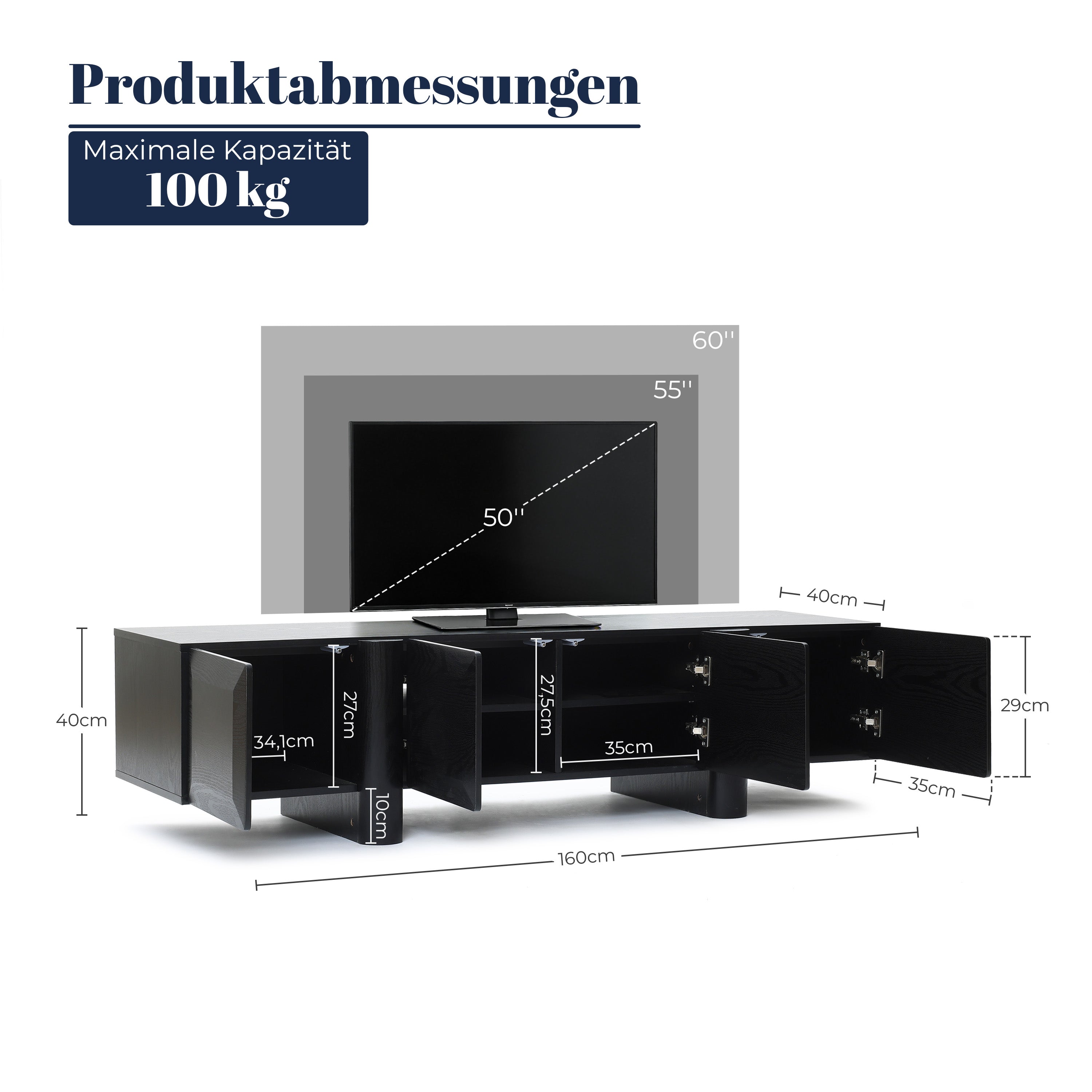 Modern Black Media Console Cabinet, 63'' Engineered Wood TV Stand