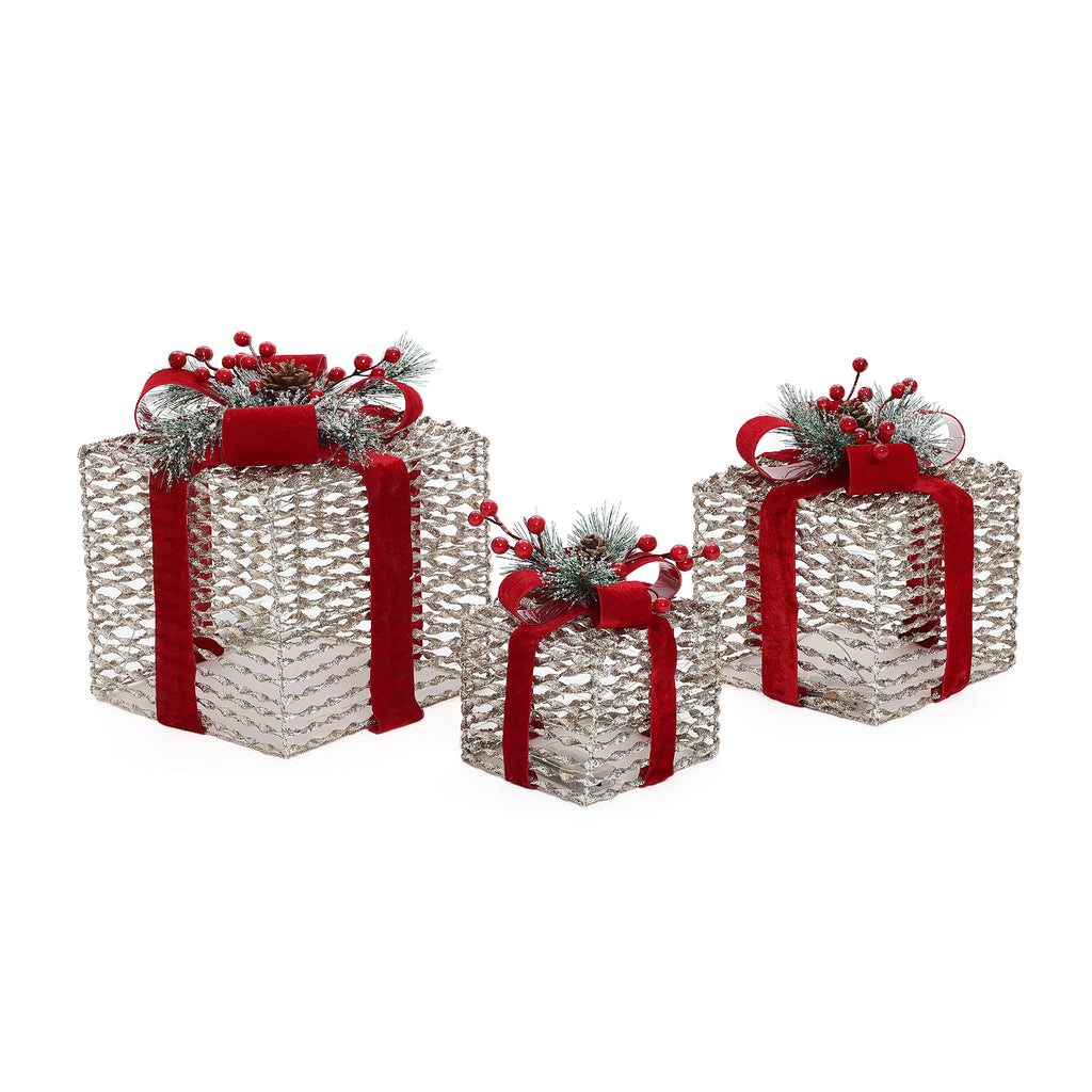 3-Piece Plastic Rattan Gift Box Set with Red Ribbon Outdoor Holiday Decoration with Lights