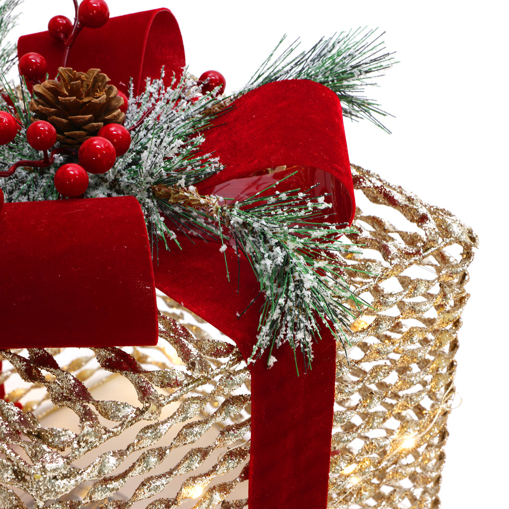 3-Piece Plastic Rattan Gift Box Set with Red Ribbon Outdoor Holiday Decoration with Lights