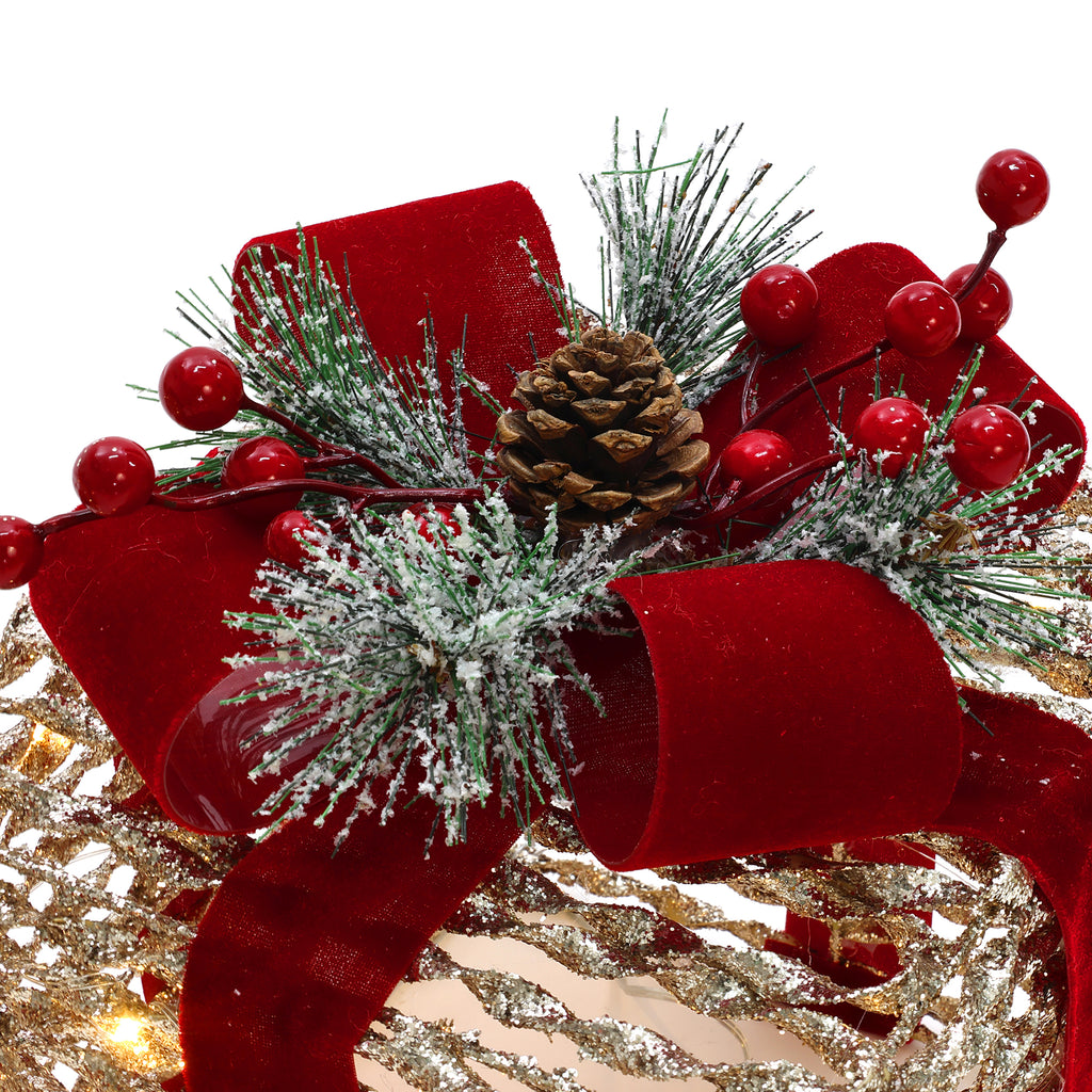 3-Piece Plastic Rattan Gift Box Set with Red Ribbon Outdoor Holiday Decoration with Lights