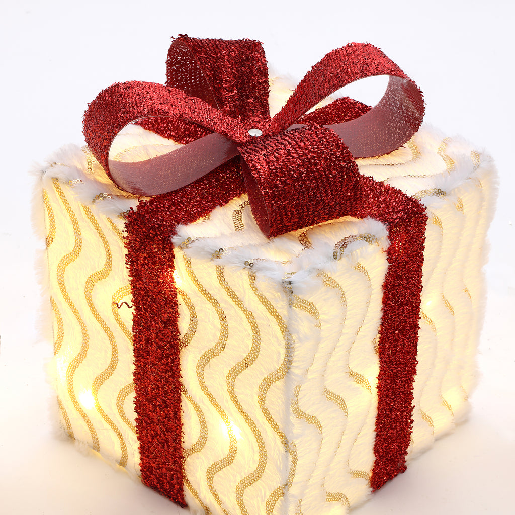 3-Piece Pre-Lit Wavy-Design Gift Box Set with Decorative Red Ribbons and Bows