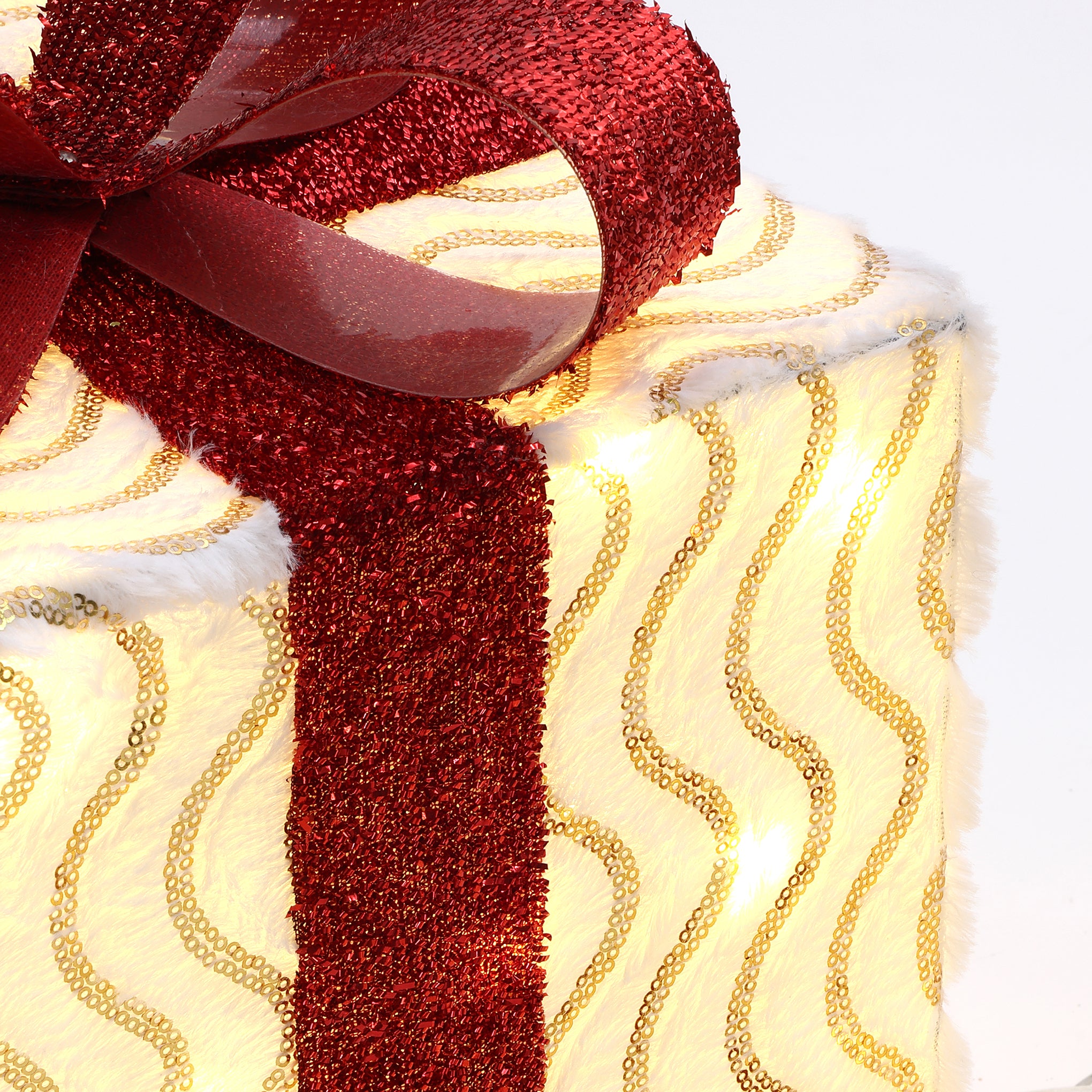 3-Piece Pre-Lit Wavy-Design Gift Box Set with Decorative Red Ribbons and Bows