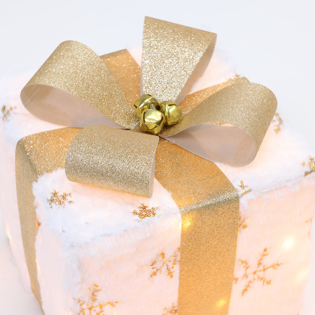 3-Piece Snowflake White and Gold Giftbox Holiday Decoration Set with Lights