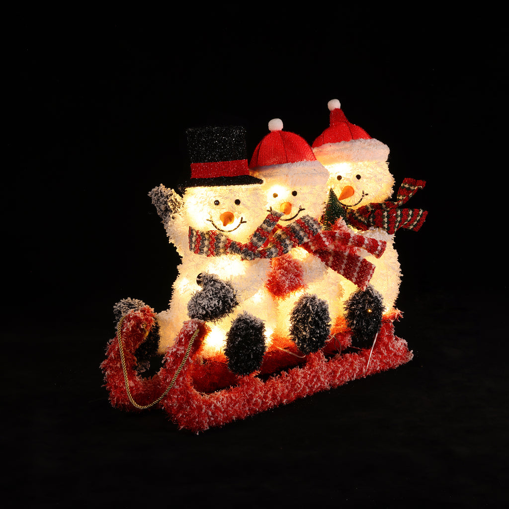 Snowman Family Trio on Sled with Lights Outdoor Holiday Decoration