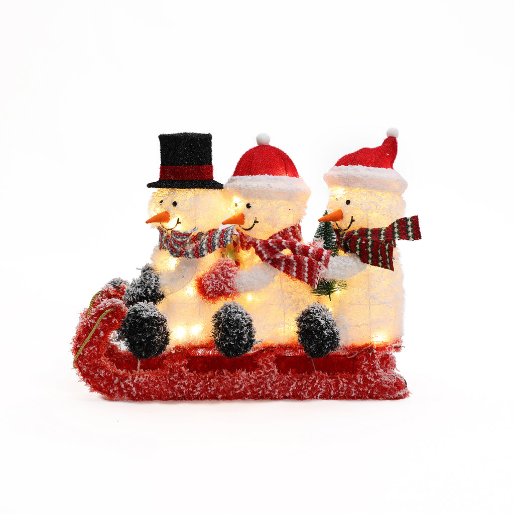 Snowman Family Trio on Sled with Lights Outdoor Holiday Decoration