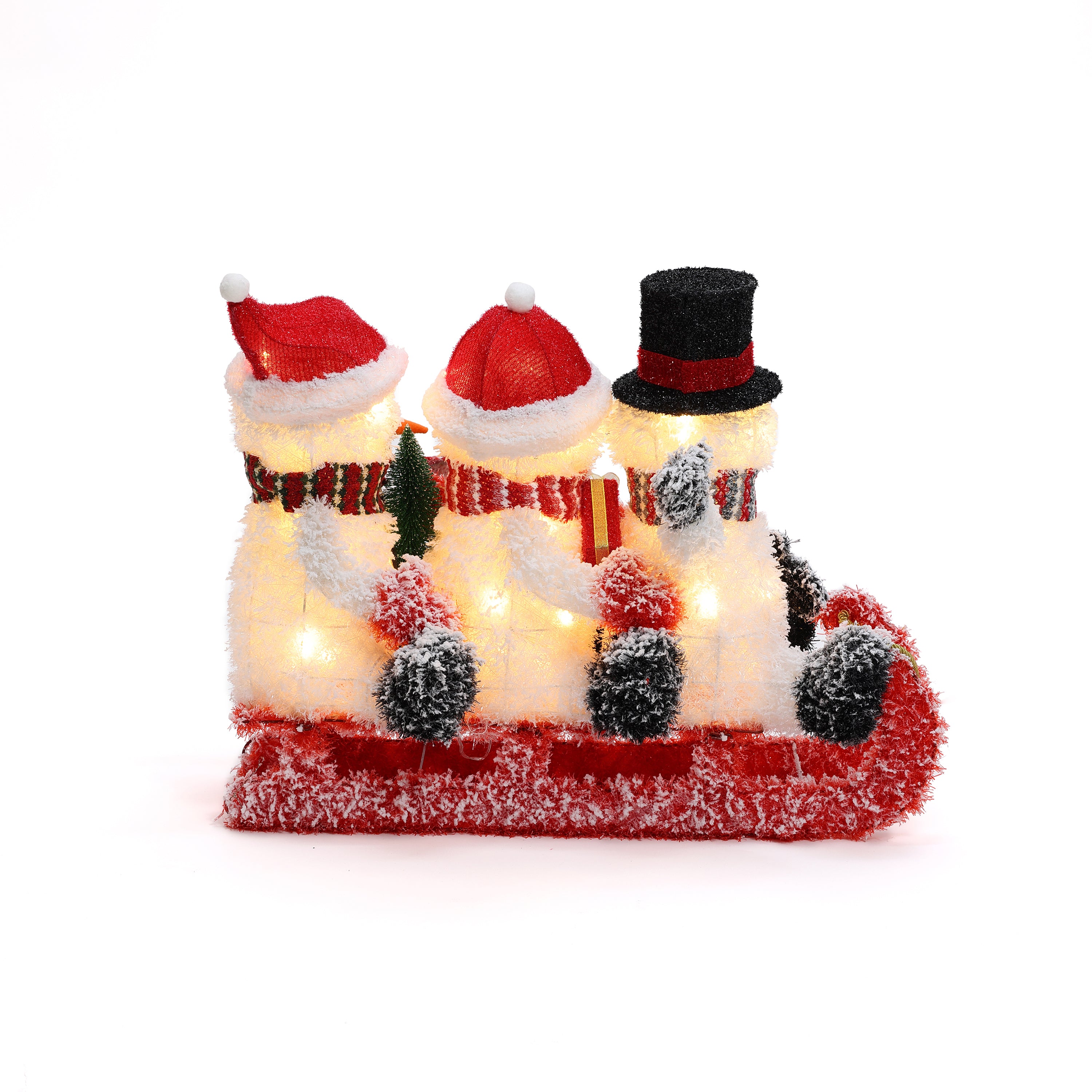 Snowman Family Trio on Sled with Lights Outdoor Holiday Decoration