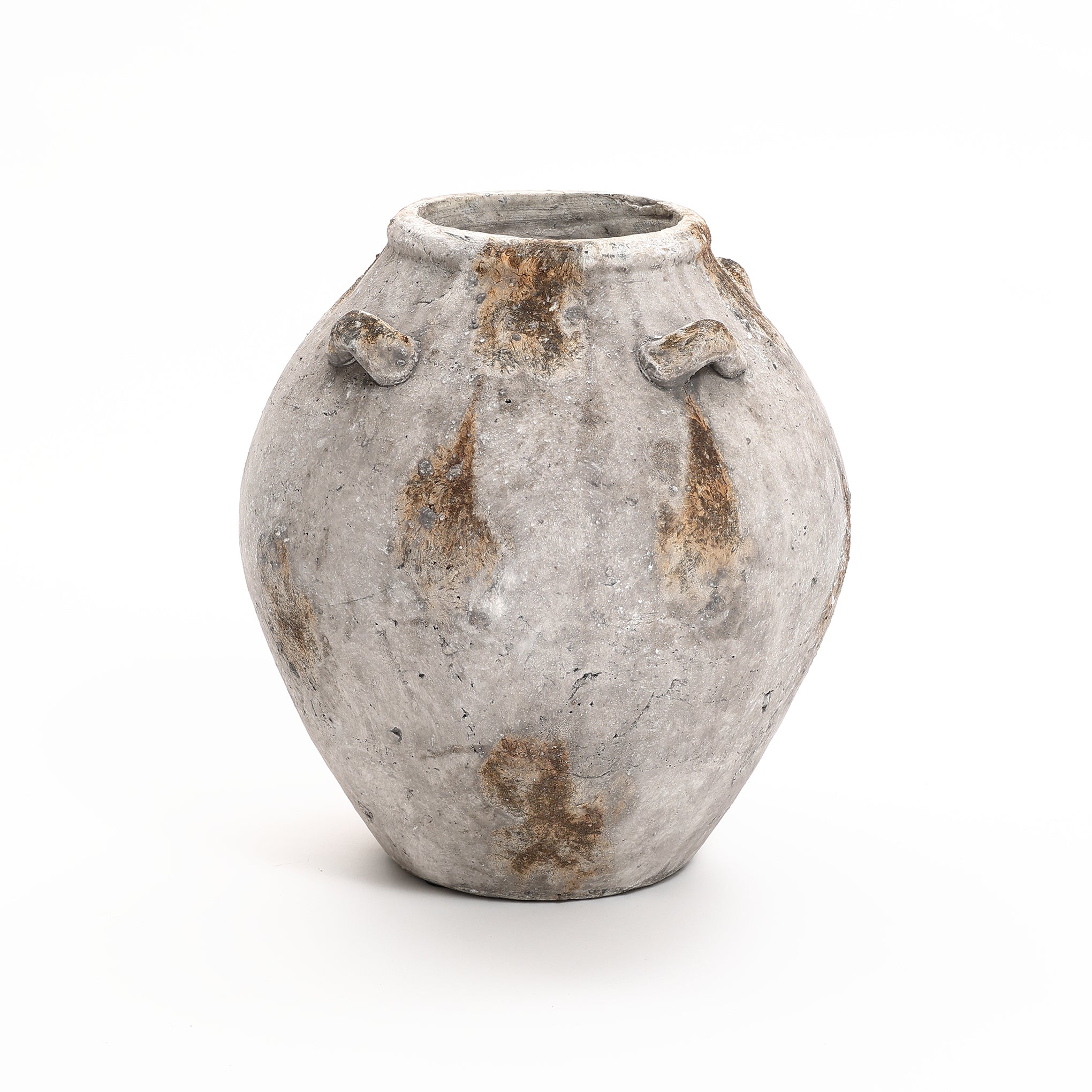 Mottled Brown and White Terracotta 12-Inch Tall Jug Vase with Handles