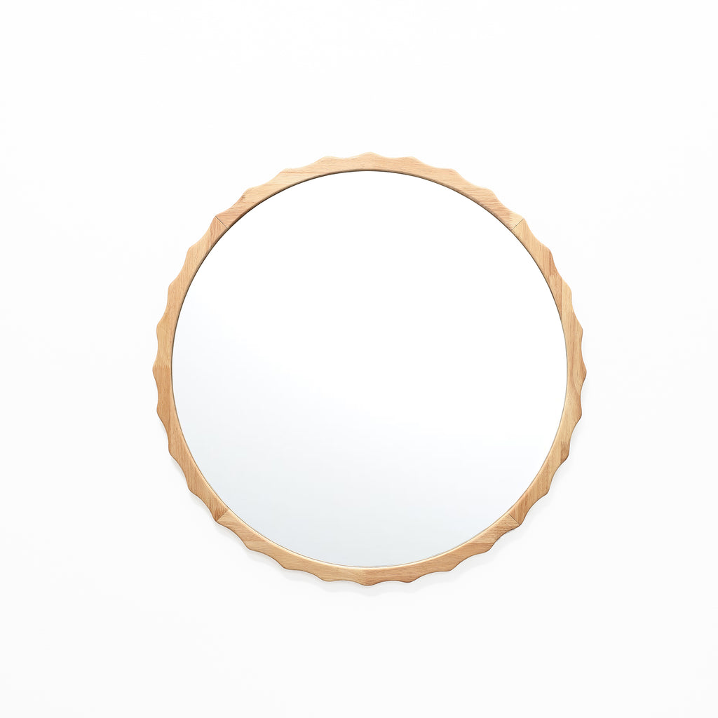 31.5-Inch Round Natural Rubberwood Scalloped Frame Wall Mirror