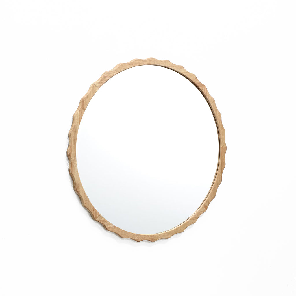 31.5-Inch Round Natural Rubberwood Scalloped Frame Wall Mirror