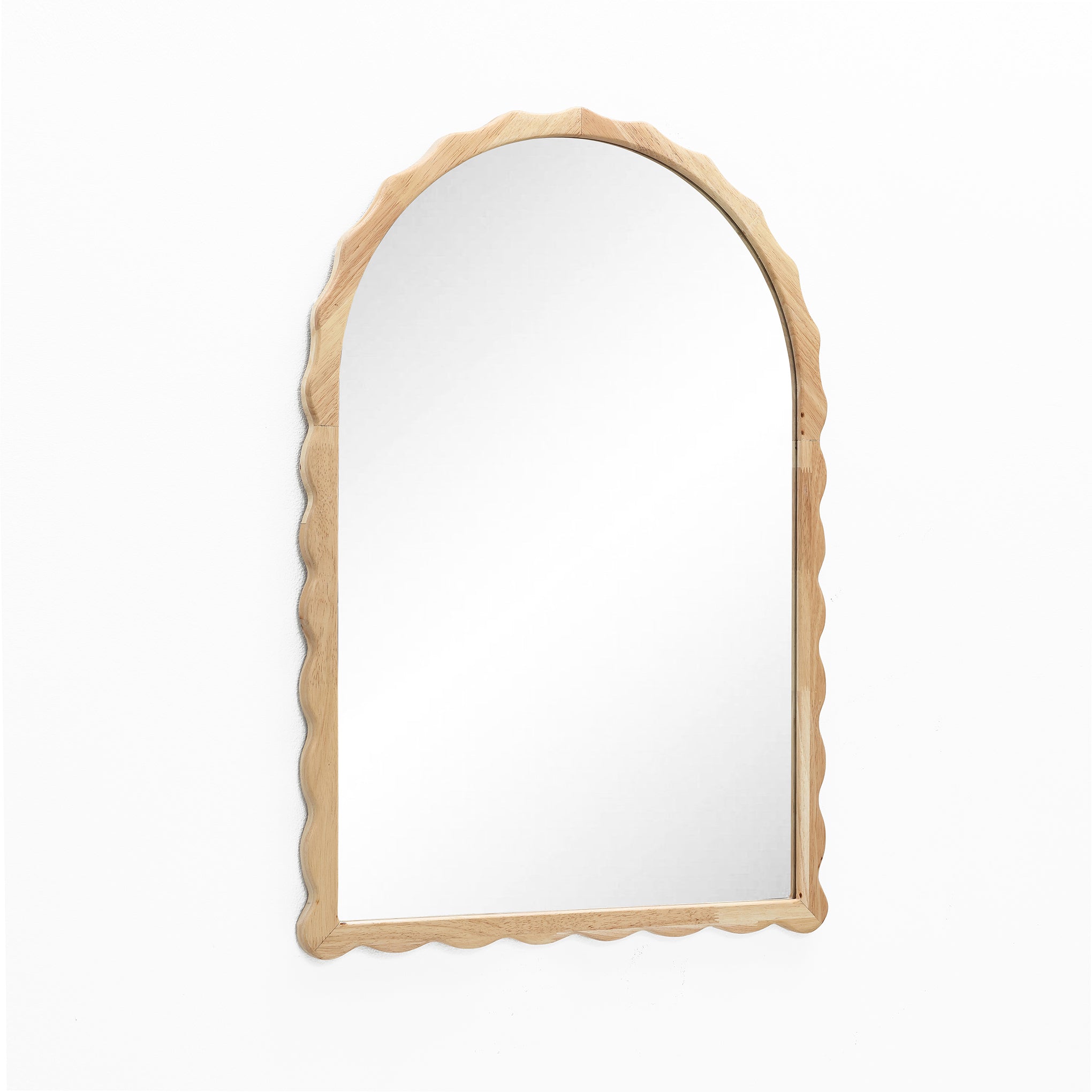 34-Inch Tall Arch Natural Rubberwood Scalloped Frame Wall Mirror