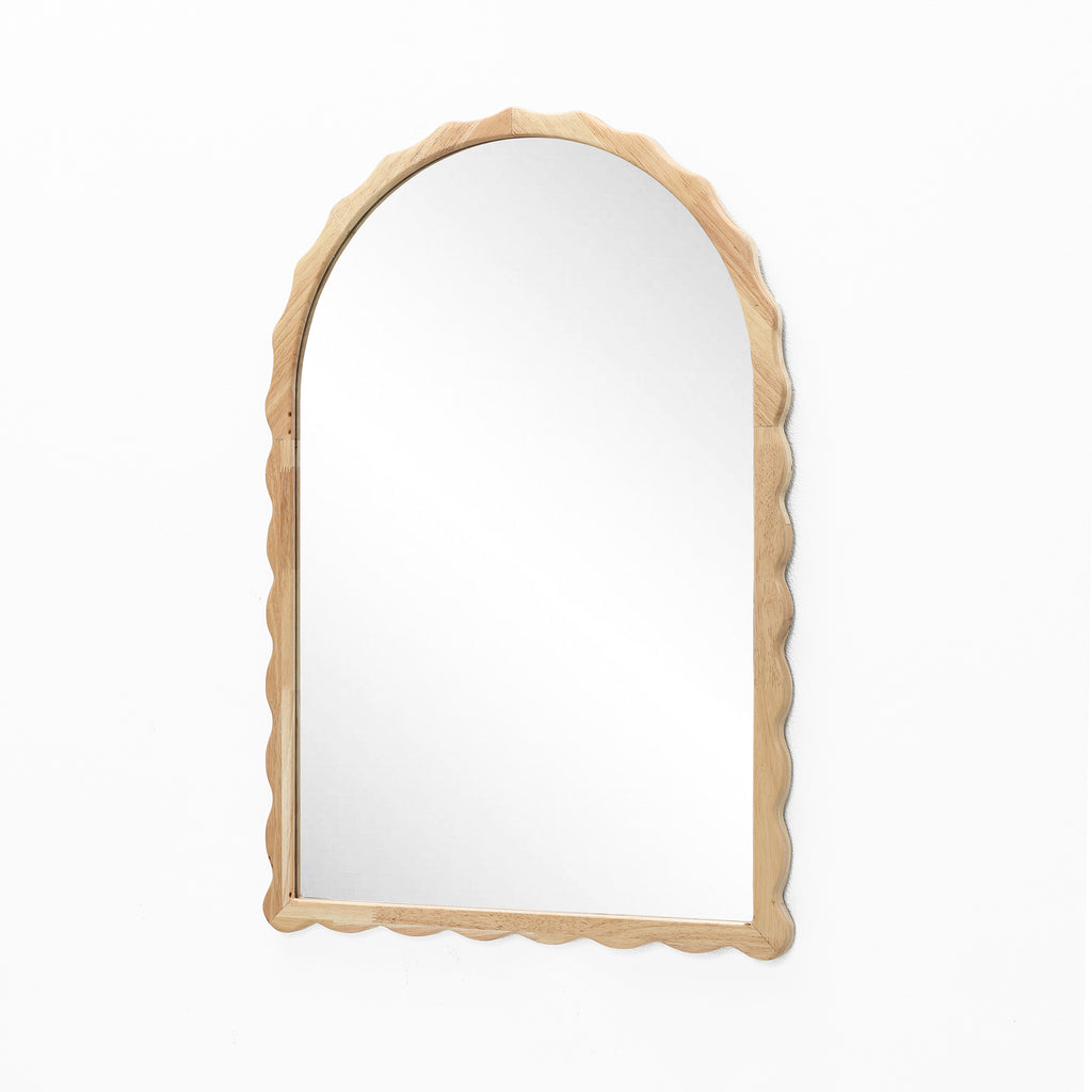 34-Inch Tall Arch Natural Rubberwood Scalloped Frame Wall Mirror