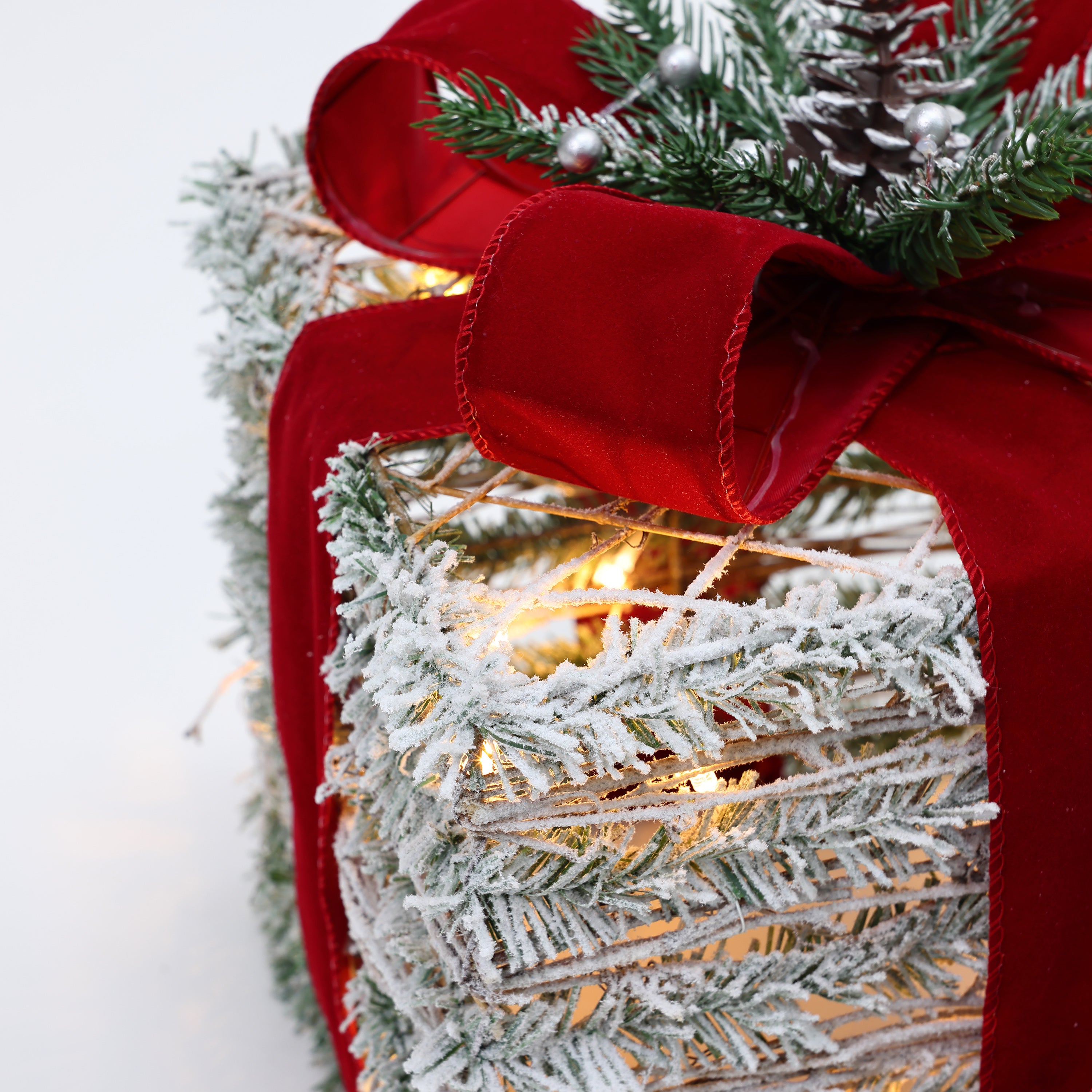 3-Piece Frosted Faux Cedar Branch Giftbox Holiday Decoration Set with Lights