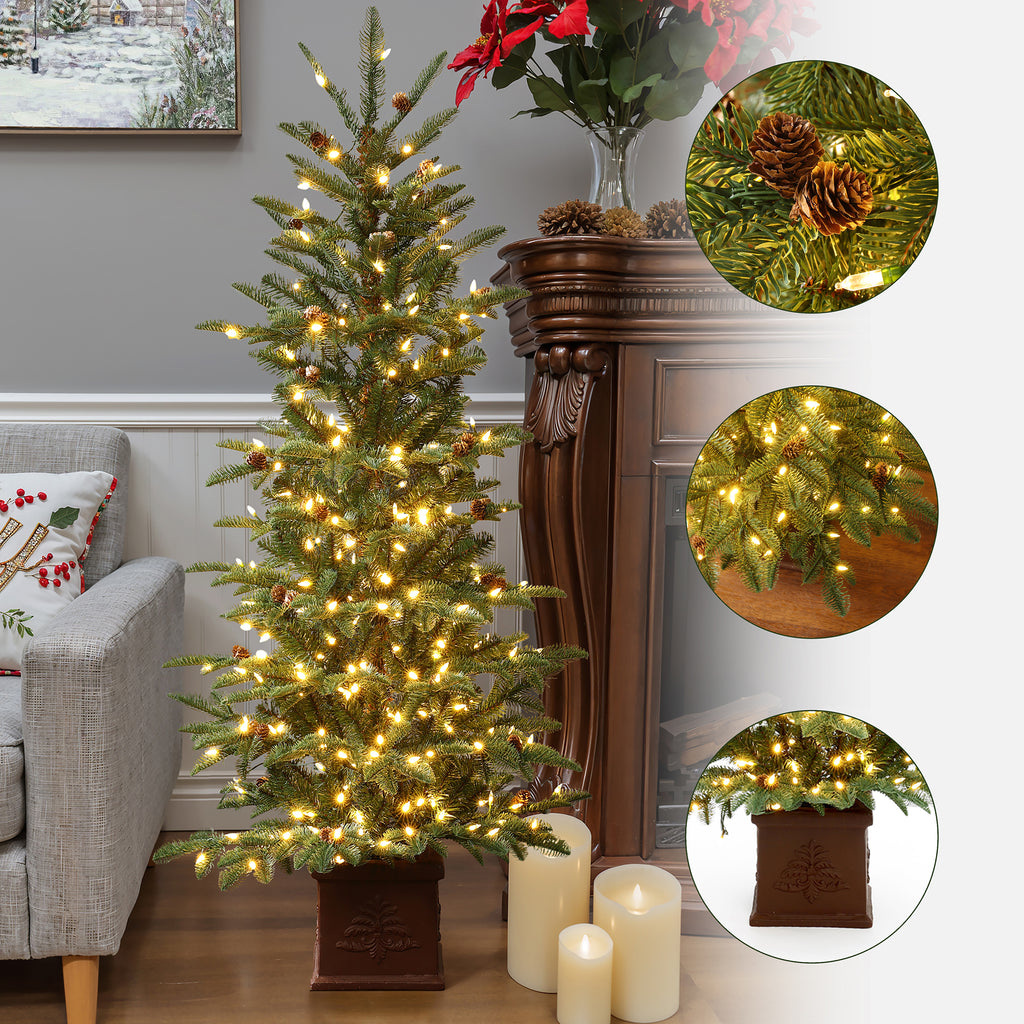 5Ft Pre-Lit Artificial Pine Christmas Tree with Pinecones & Brown Square Pot