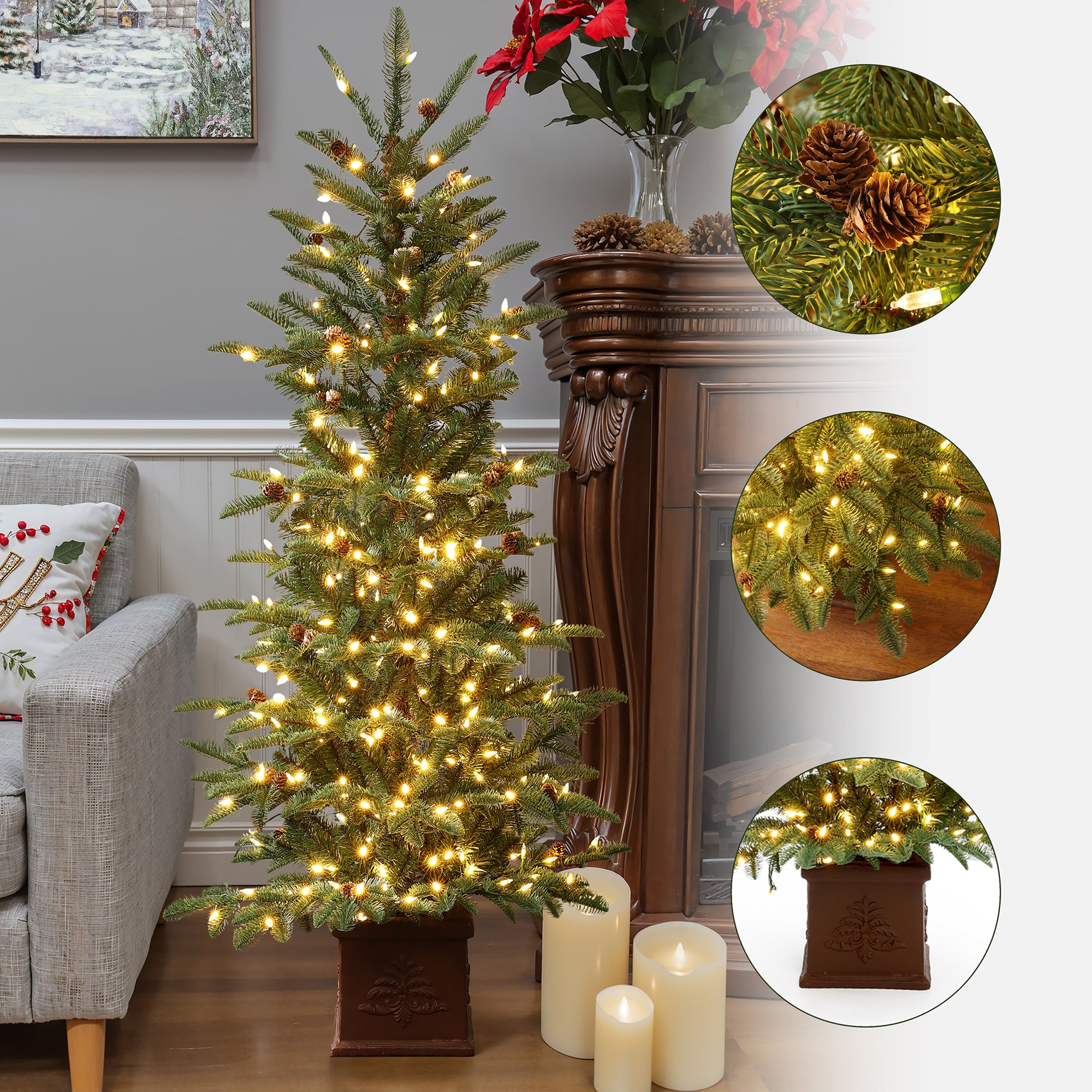 5Ft Pre-Lit Artificial Pine Christmas Tree with Pinecones & Brown Square Pot