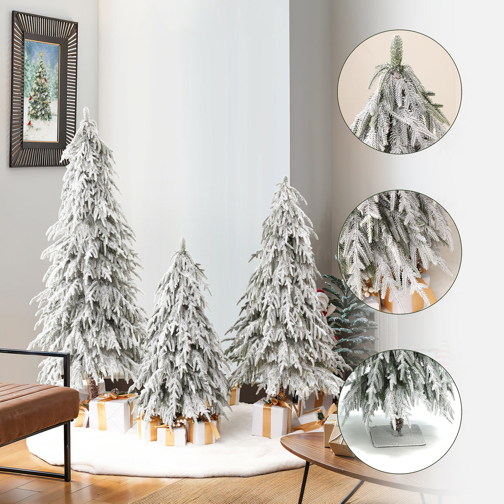 Set of 3 3Ft, 4Ft, and 5Ft Artifical Snow-Flocked Cedar Christmas Trees