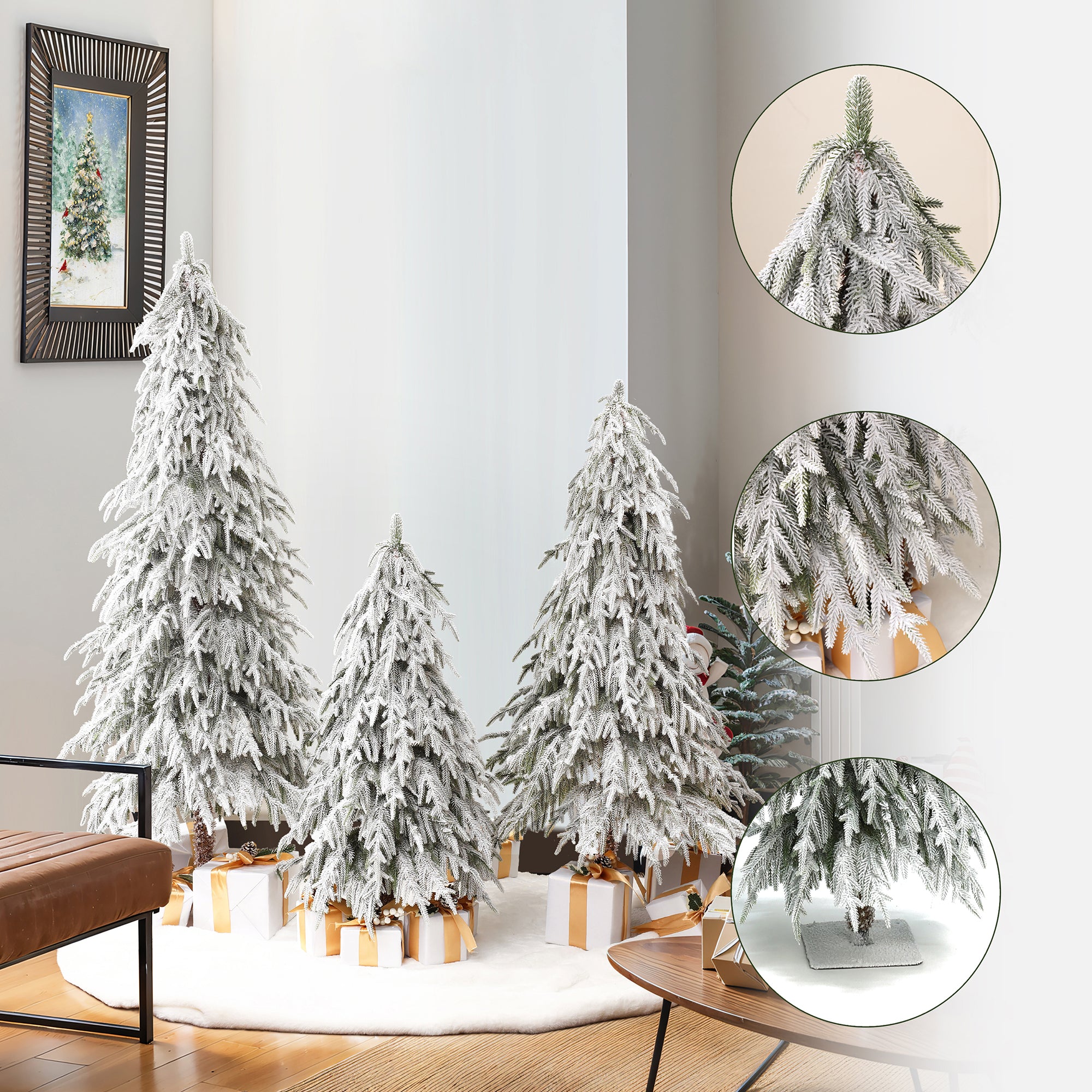 Set of 3 3Ft, 4Ft, and 5Ft Artifical Snow-Flocked Cedar Christmas Trees