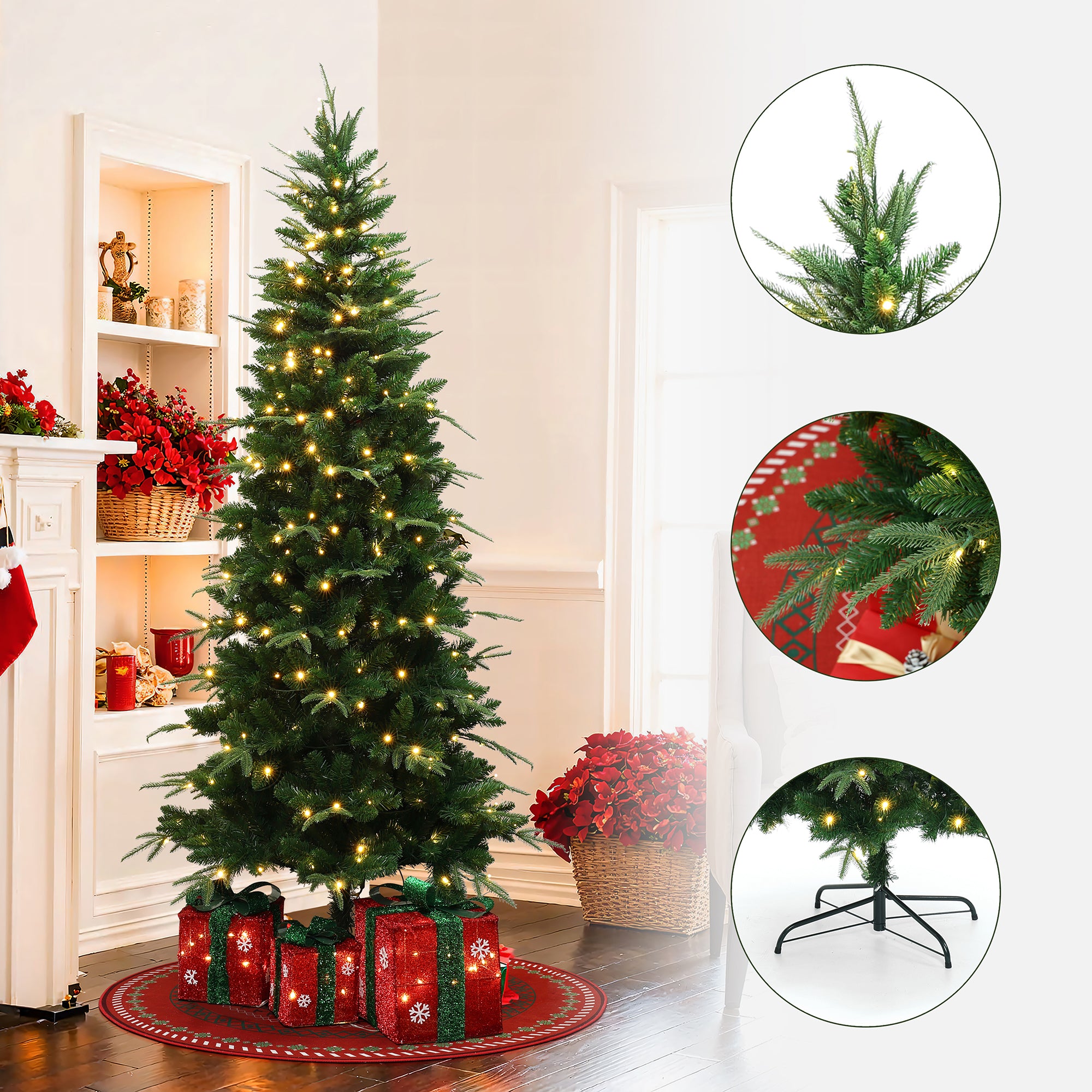 6Ft Pre-Lit Green Slim Artificial Christmas Tree with 8 Light Functions