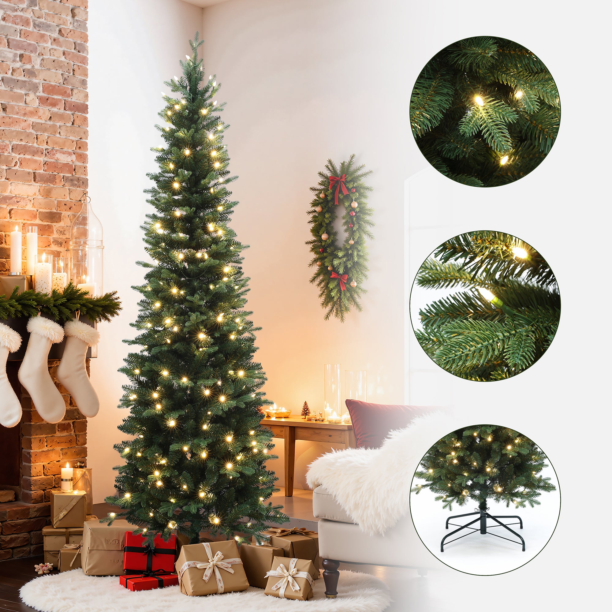 7Ft Pre-Lit Green Artificial Slim Christmas Tree with Metal Stand