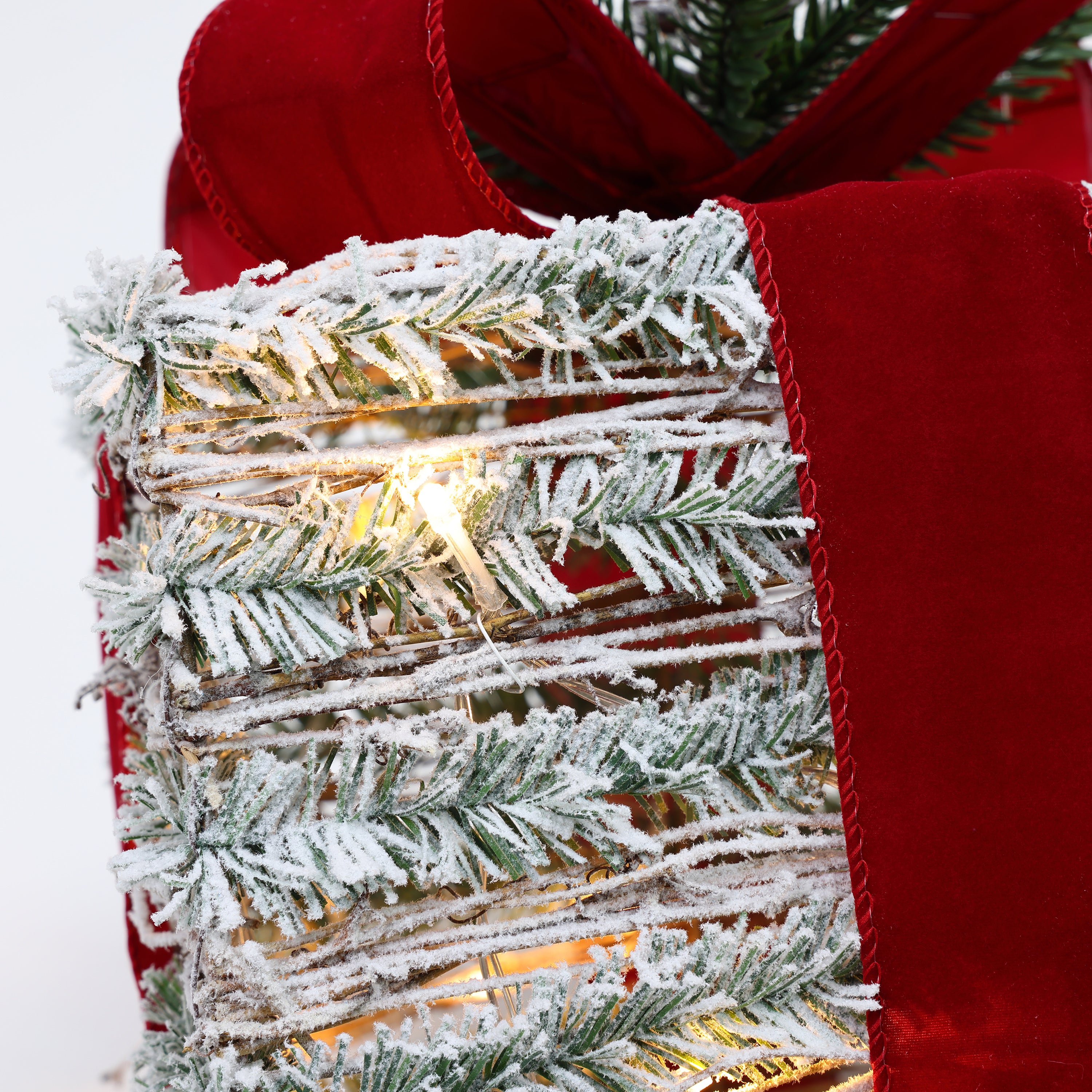 3-Piece Frosted Faux Cedar Branch Giftbox Holiday Decoration Set with Lights