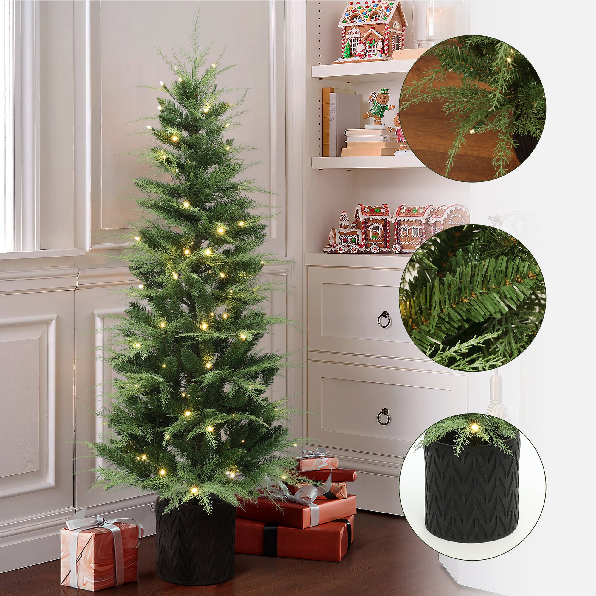 5Ft Pre-Lit Green Artificial Christmas Tree Decoration Potted