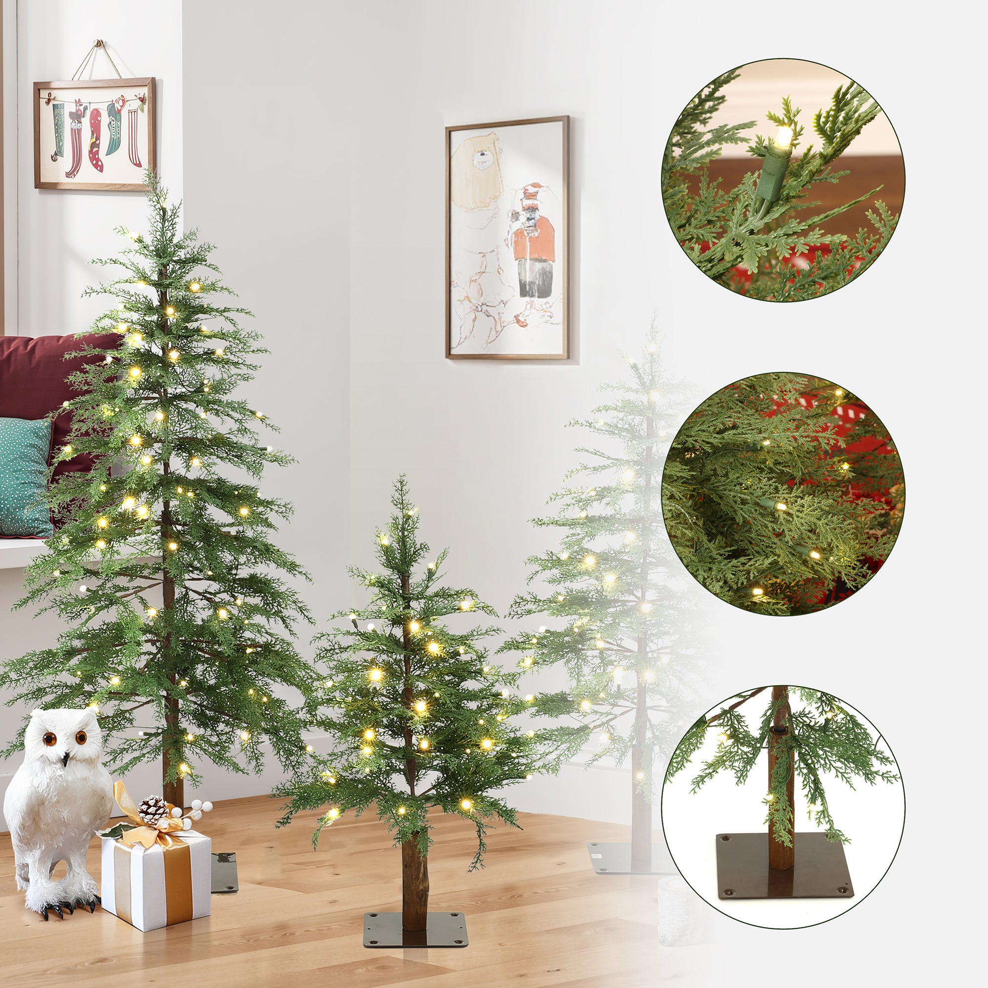 3-Piece Green Artificial Tree Set with Lights and Flat Metal Stand