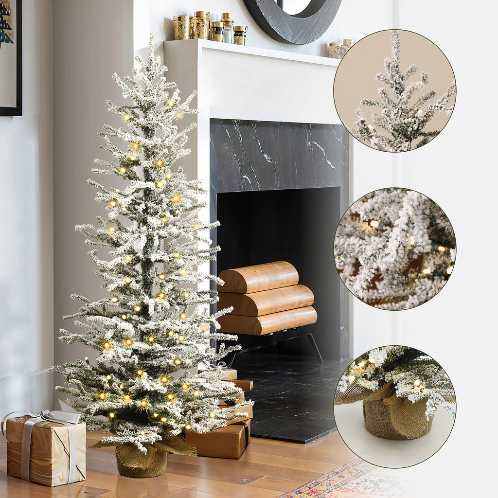 4Ft Pre-Lit Snow-Flocked Artificial Christmas Tree in Burlap Base