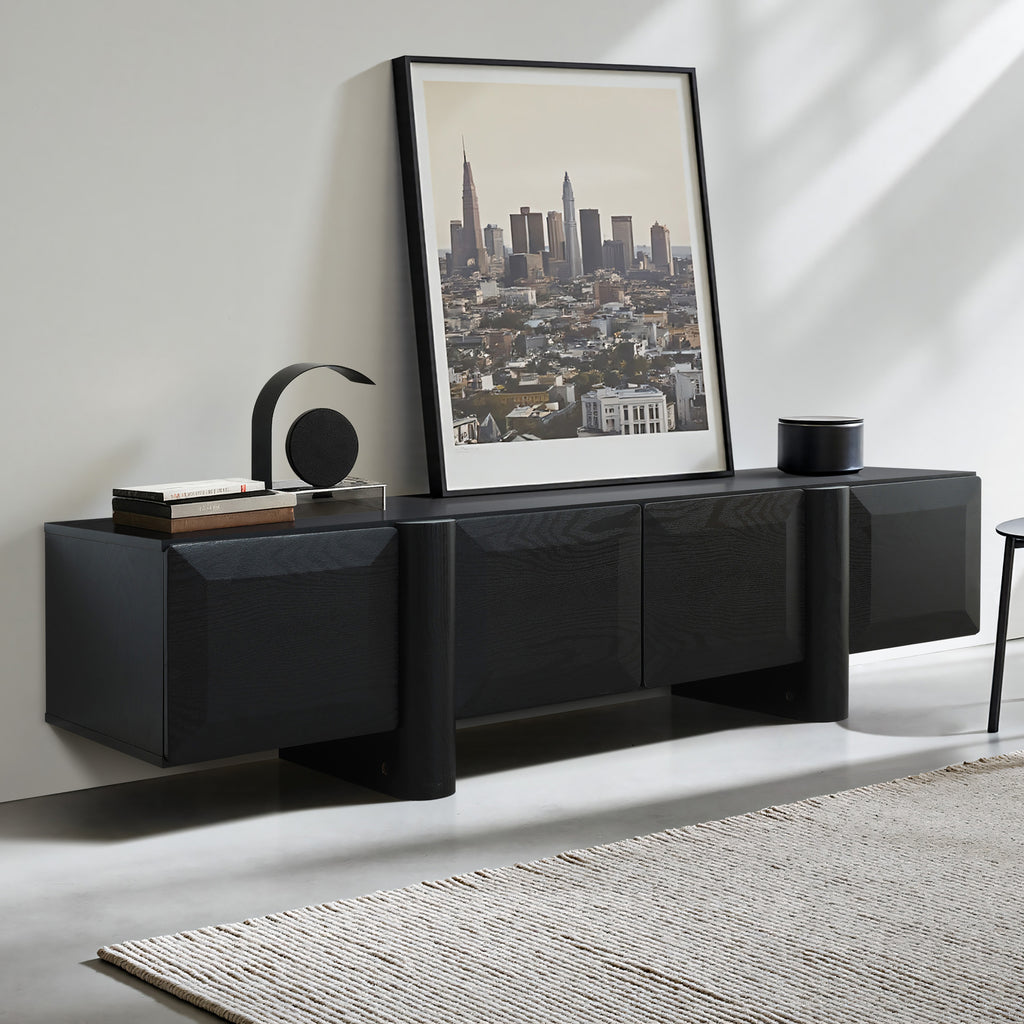 Modern Black Media Console Cabinet, 63'' Engineered Wood TV Stand