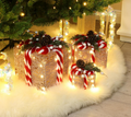 Set of 3 Lighted Christmas Gift Boxes Decor, Pre-Lit Warm White LED Present Boxes with Pinecones & Candy Cane Ribbon, Christmas Yard Decor for Indoor Outdoor Home, Party, Mantel, Tree