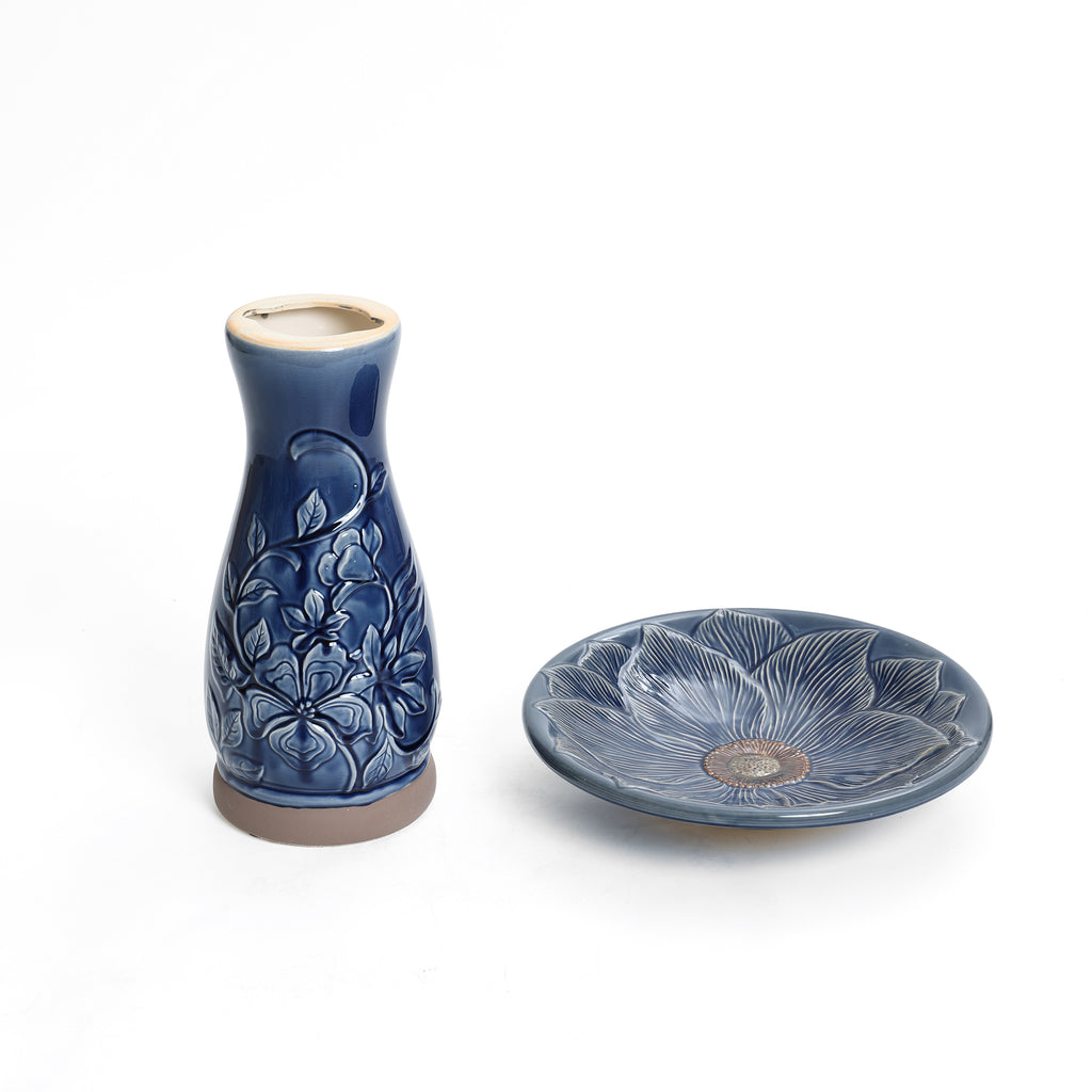 Blue Petals and Vines 22-Inch Tall Ceramic Birdbath