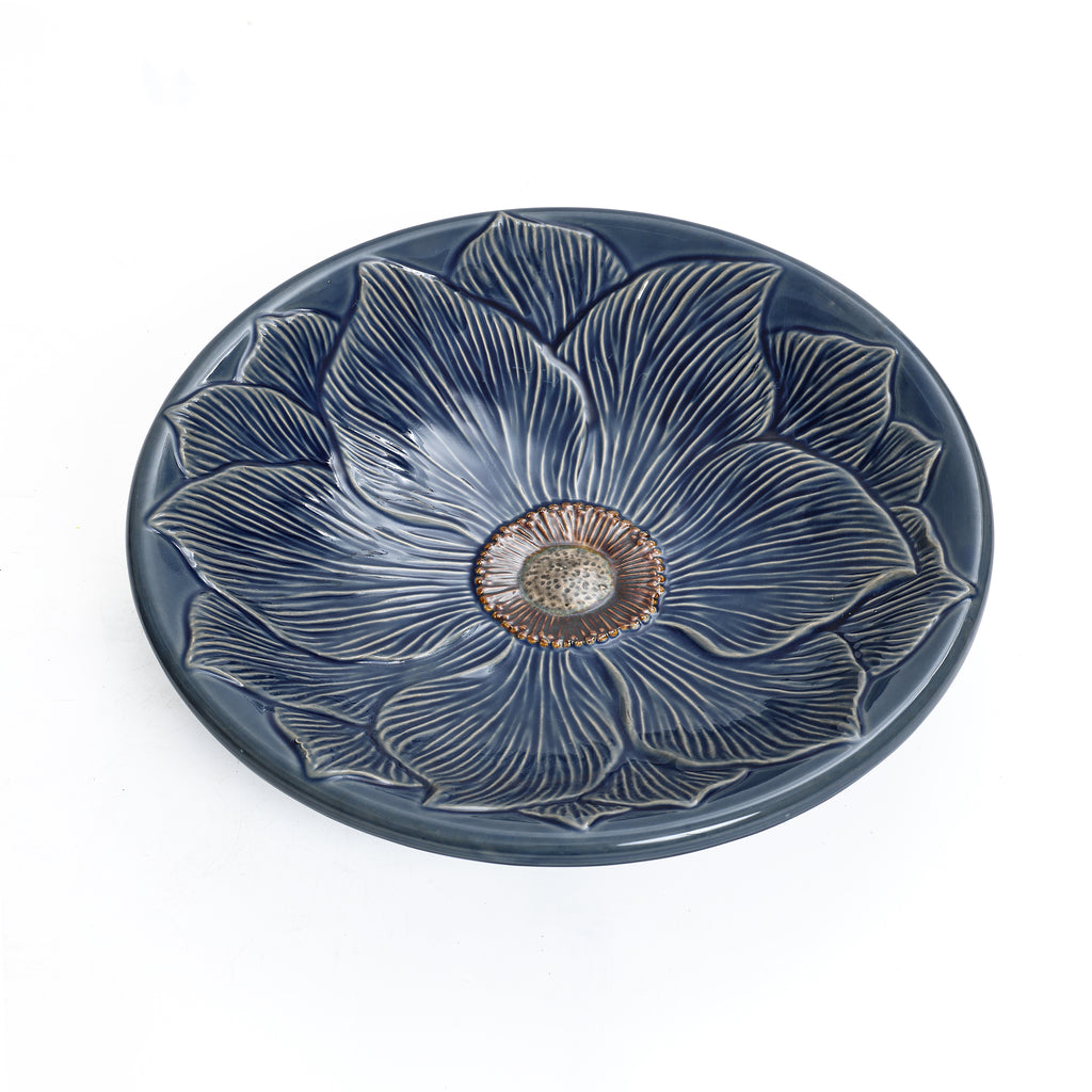 Blue Petals and Vines 22-Inch Tall Ceramic Birdbath