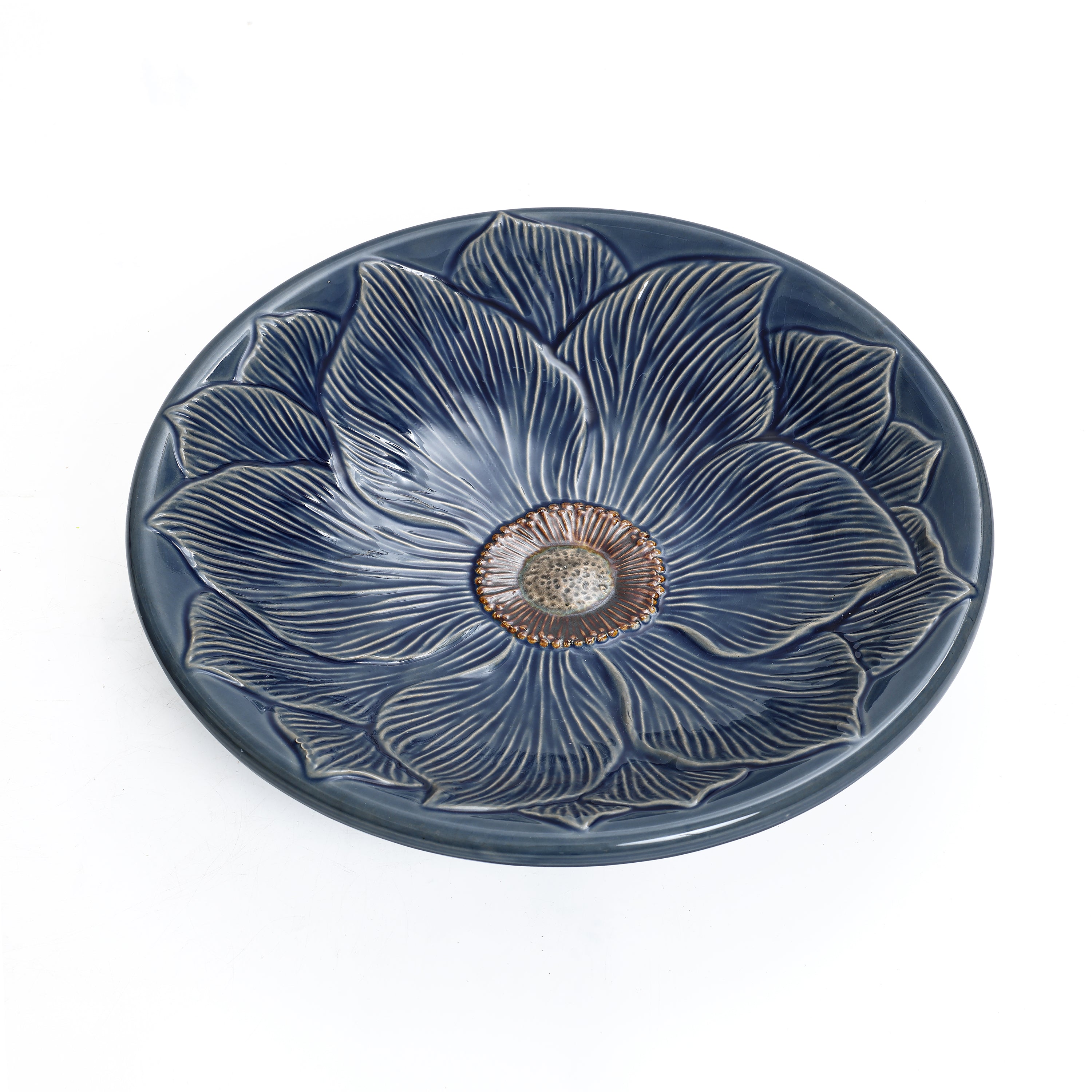 Blue Petals and Vines 22-Inch Tall Ceramic Birdbath