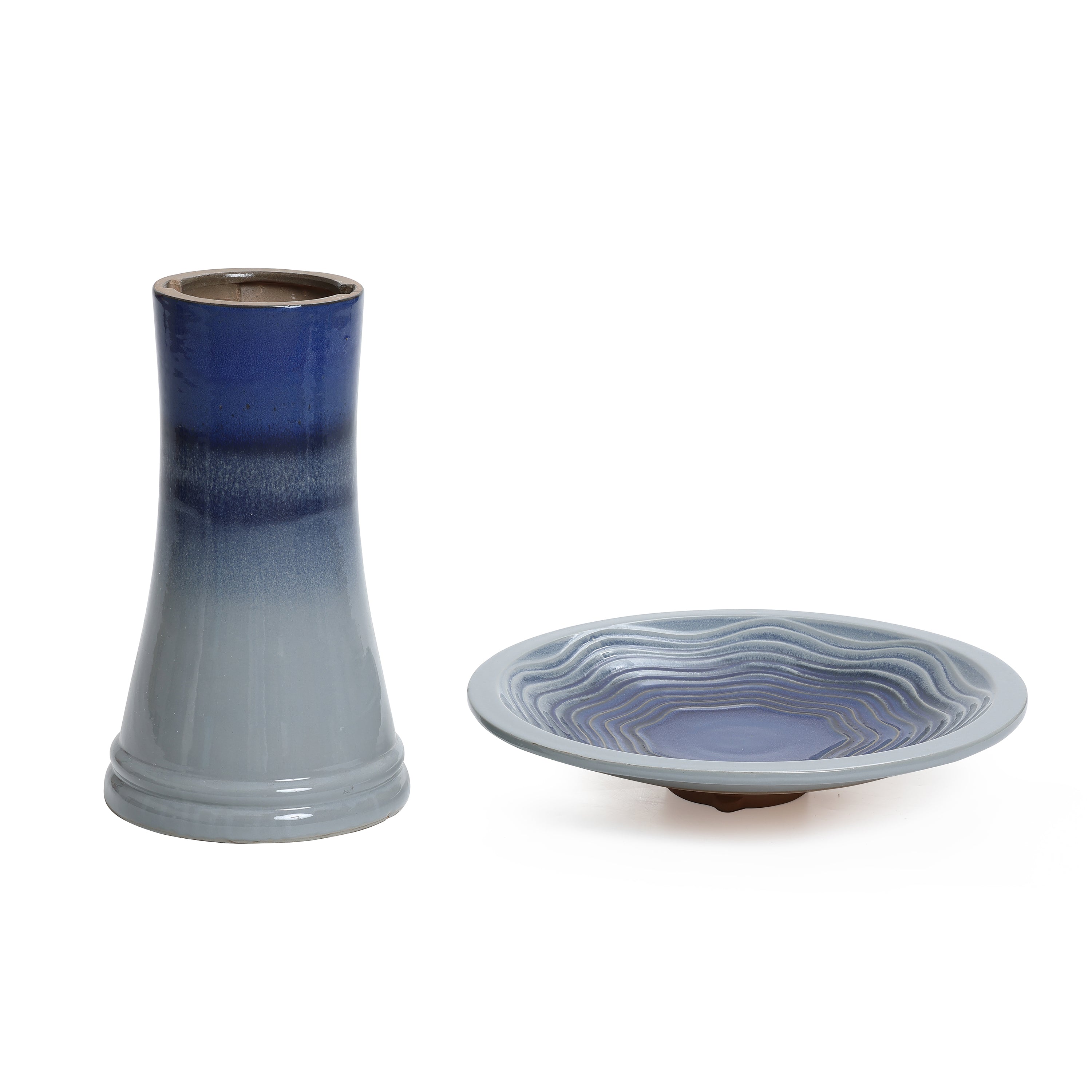 Blue Waves 18-Inch Tall Ceramic Birdbath