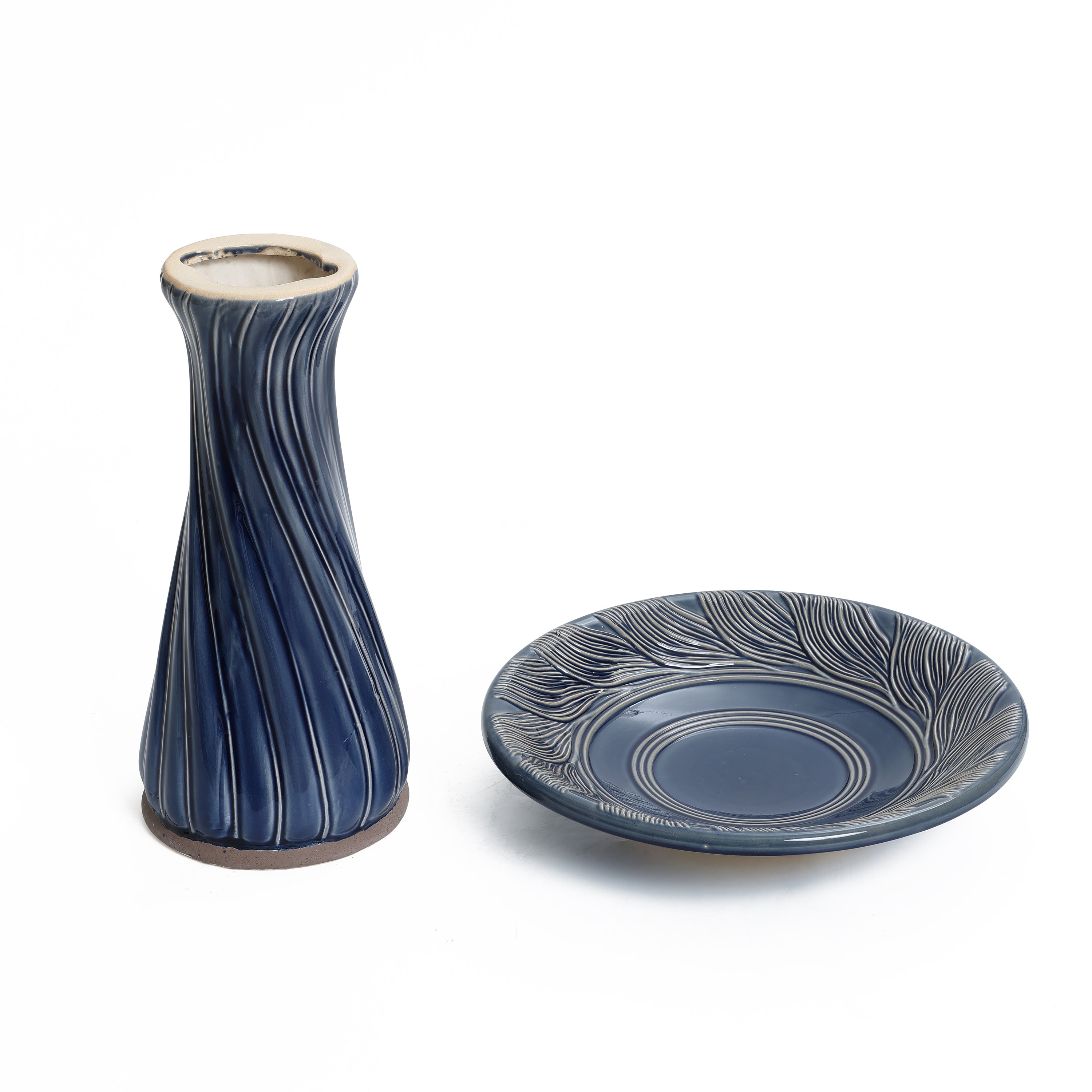 Blue Leaves and Swirl 22-Inch Tall Ceramic Birdbath