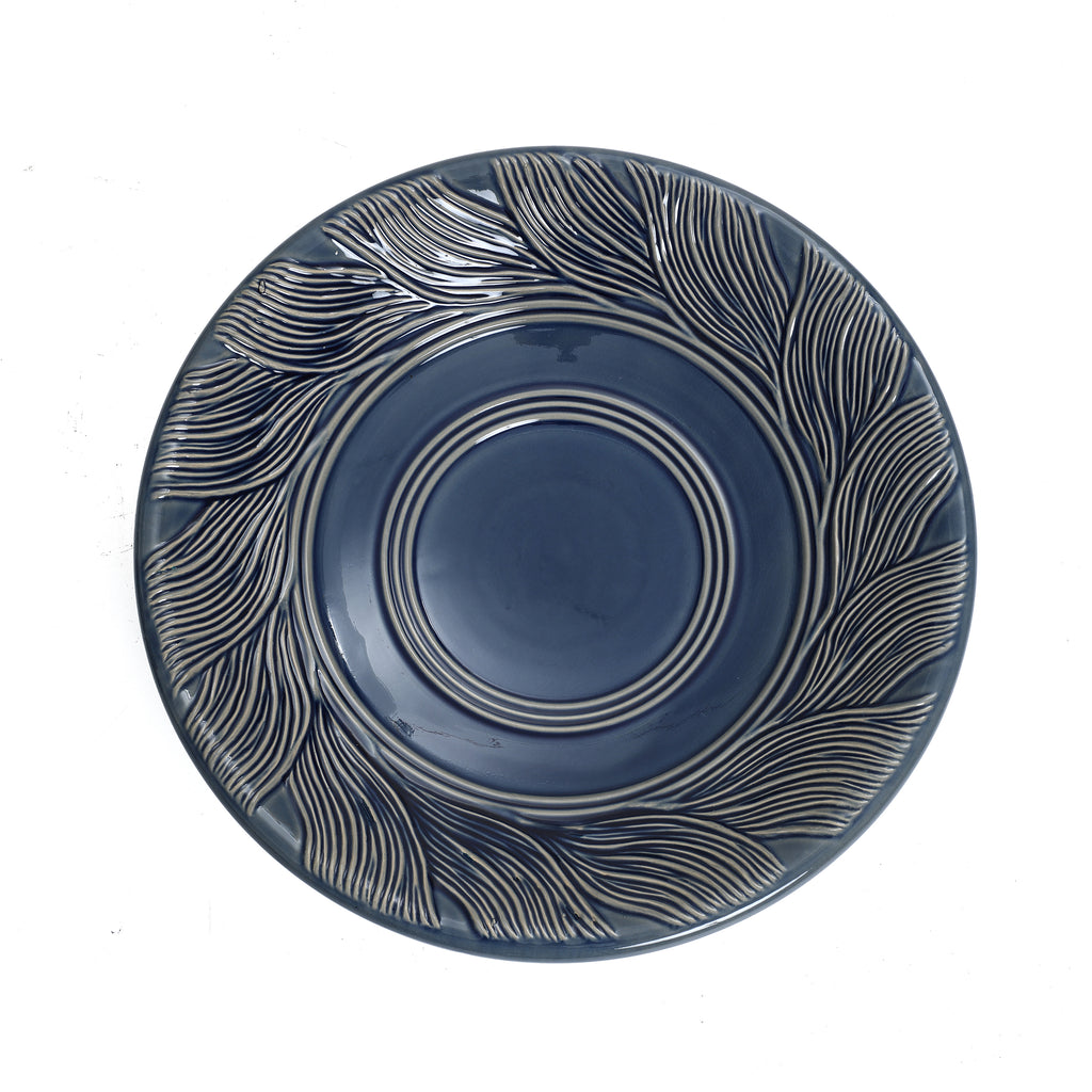 Blue Leaves and Swirl 22-Inch Tall Ceramic Birdbath