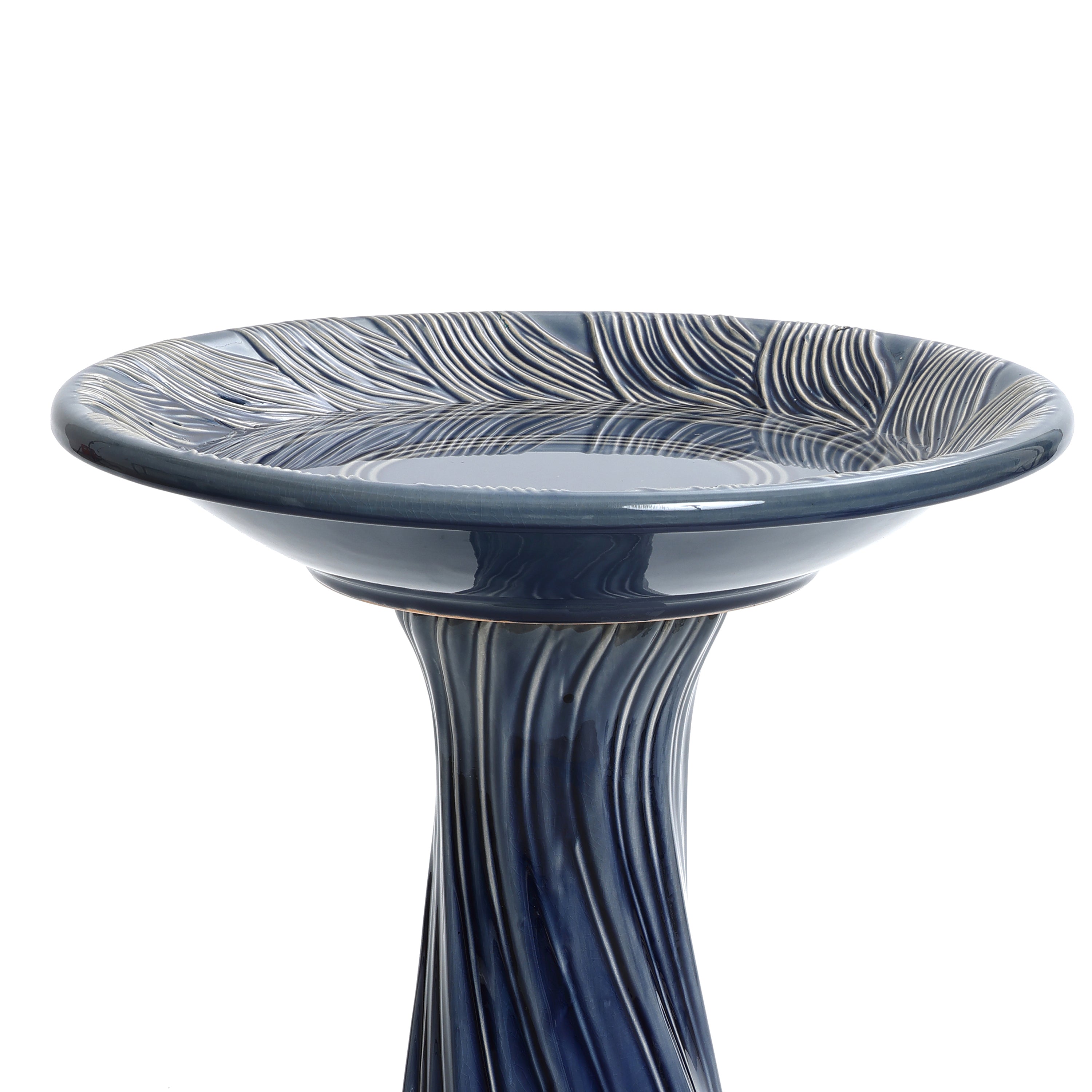 Blue Leaves and Swirl 22-Inch Tall Ceramic Birdbath