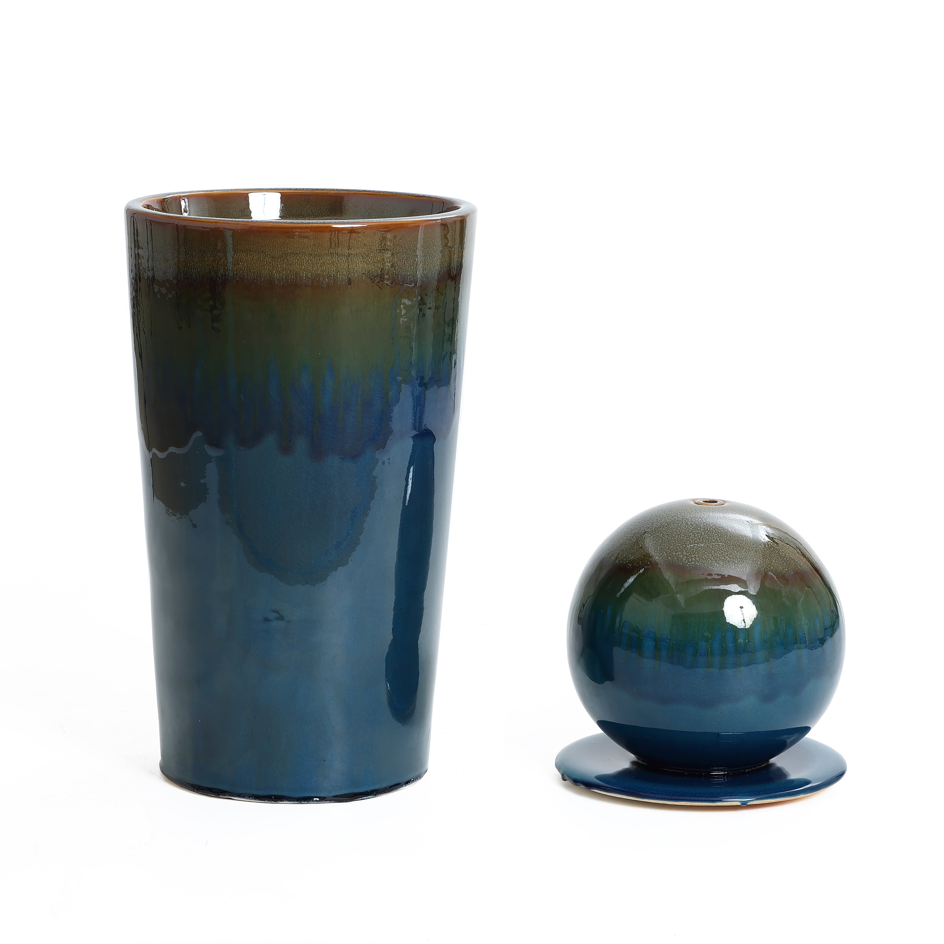 Glazed Blue and Brown Sphere on Pillar Bubbler 30-Inch Tall Ceramic Fountain