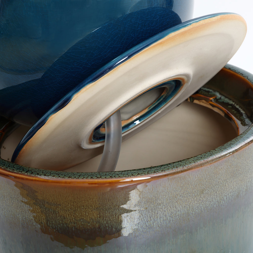 Glazed Blue and Brown Sphere on Pillar Bubbler 30-Inch Tall Ceramic Fountain