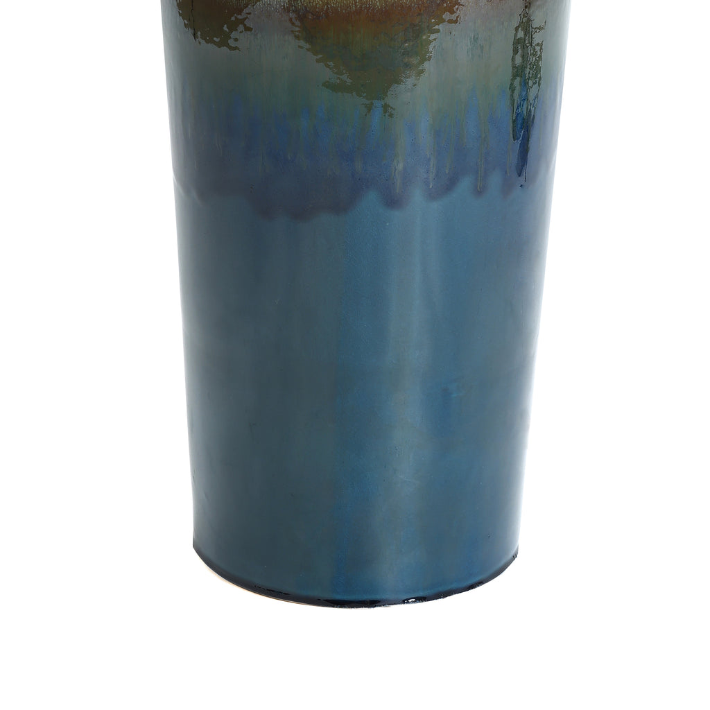 Glazed Blue and Brown Sphere on Pillar Bubbler 30-Inch Tall Ceramic Fountain