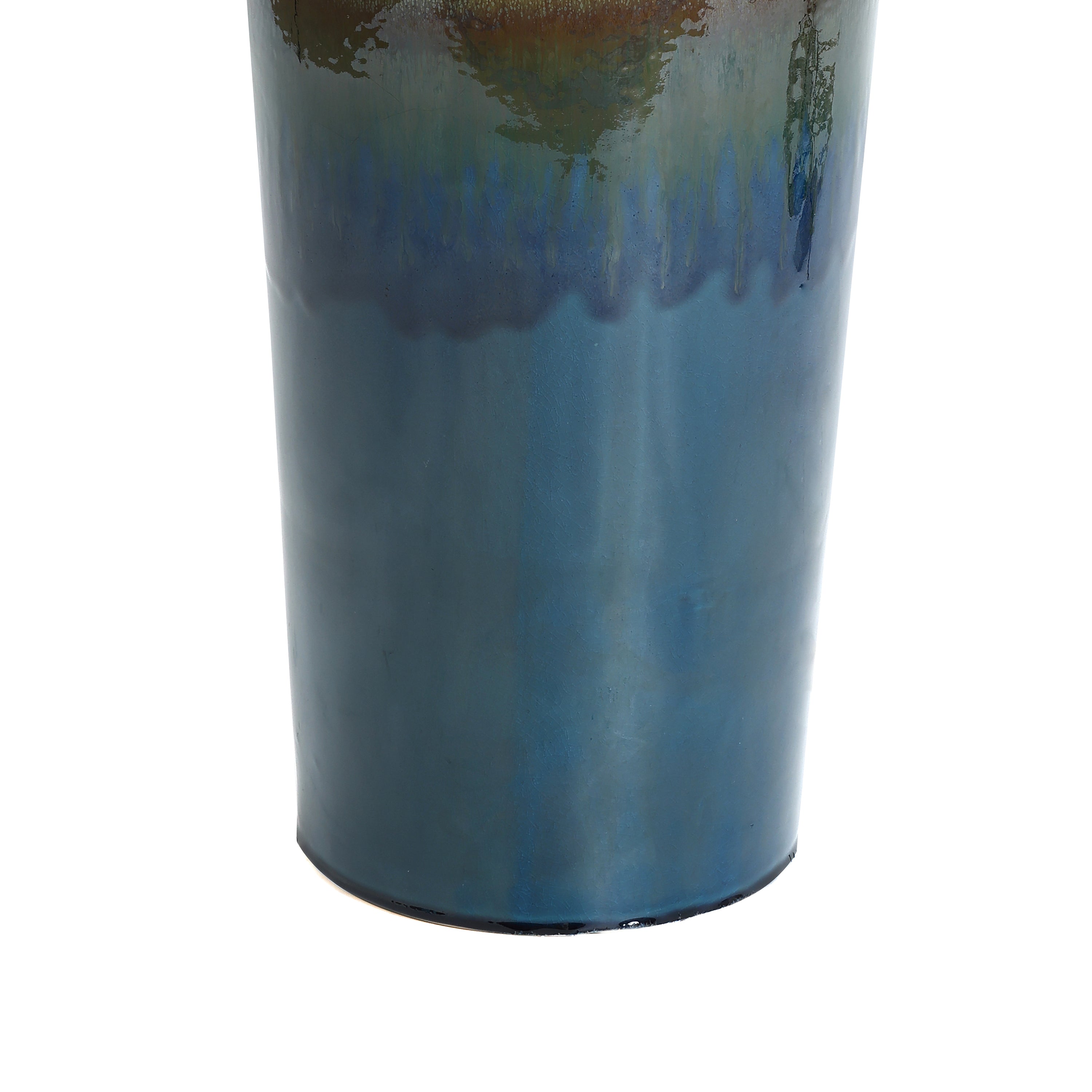 Glazed Blue and Brown Sphere on Pillar Bubbler 30-Inch Tall Ceramic Fountain