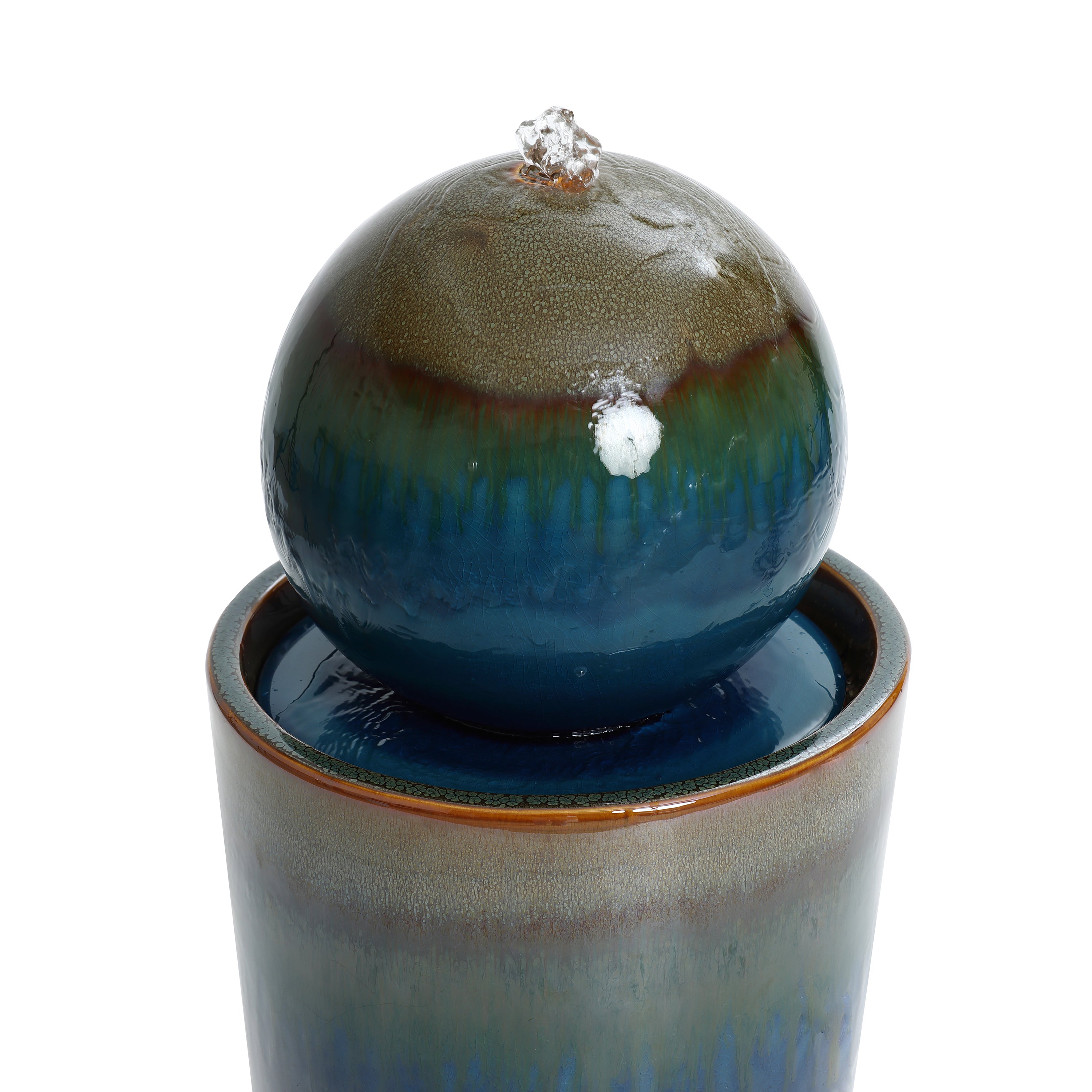 Glazed Blue and Brown Sphere on Pillar Bubbler 30-Inch Tall Ceramic Fountain