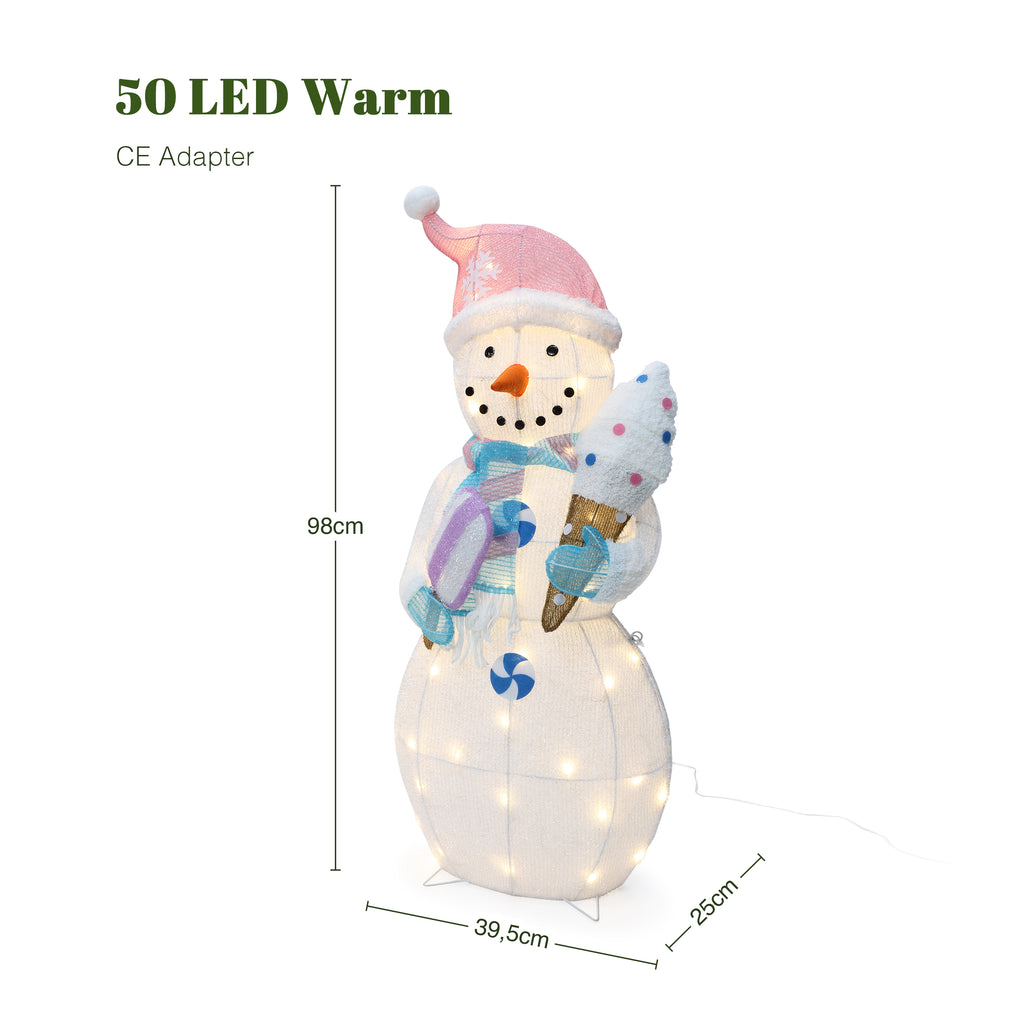 38.6" 50 LED Warm White Lighted Snowman with Ice Cream Christmas Decor, Pre-Lit Outdoor Yard Decoration with CE Adapter, Holiday Lawn Decor for Garden, Party, Home