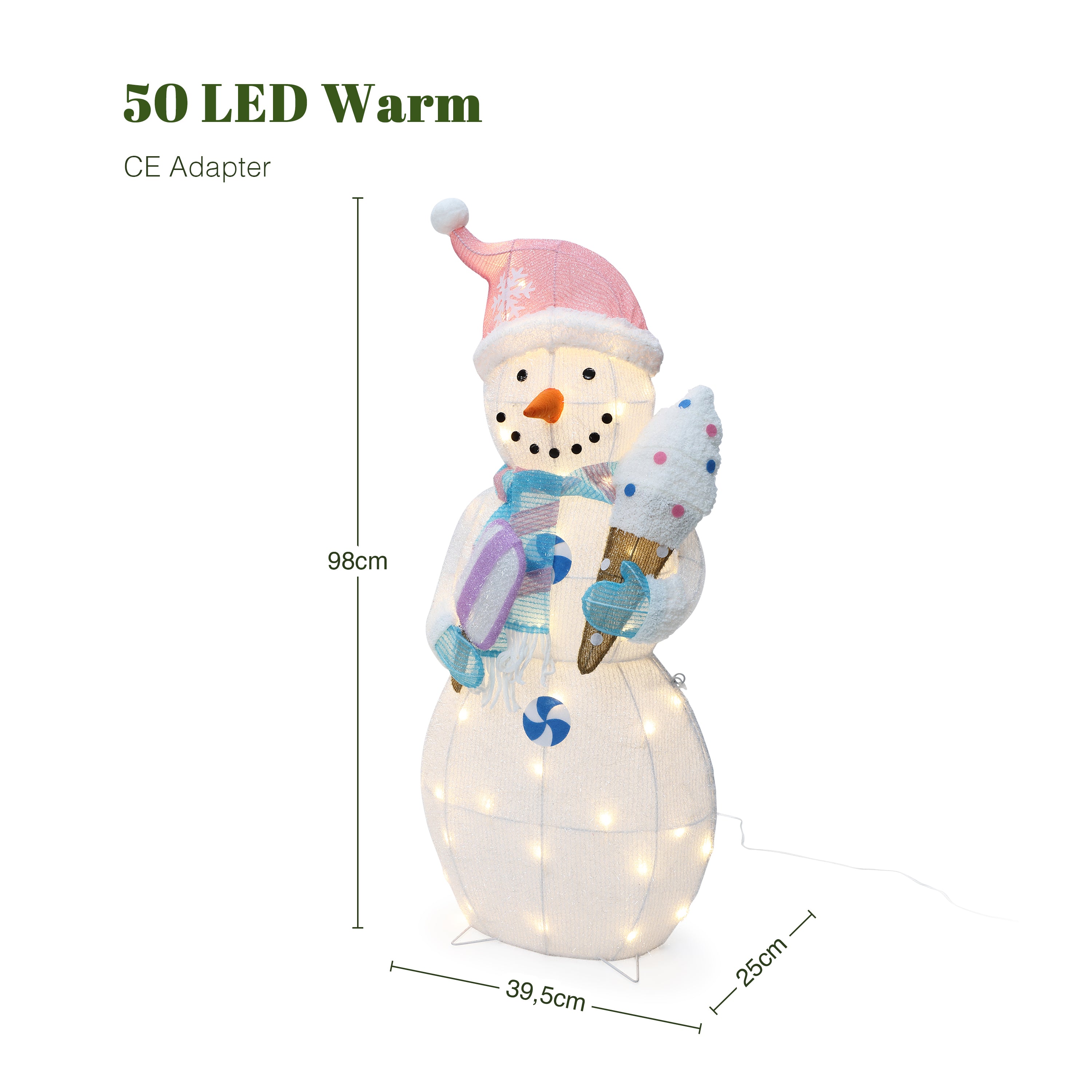 38.6" 50 LED Warm White Lighted Snowman with Ice Cream Christmas Decor, Pre-Lit Outdoor Yard Decoration with CE Adapter, Holiday Lawn Decor for Garden, Party, Home