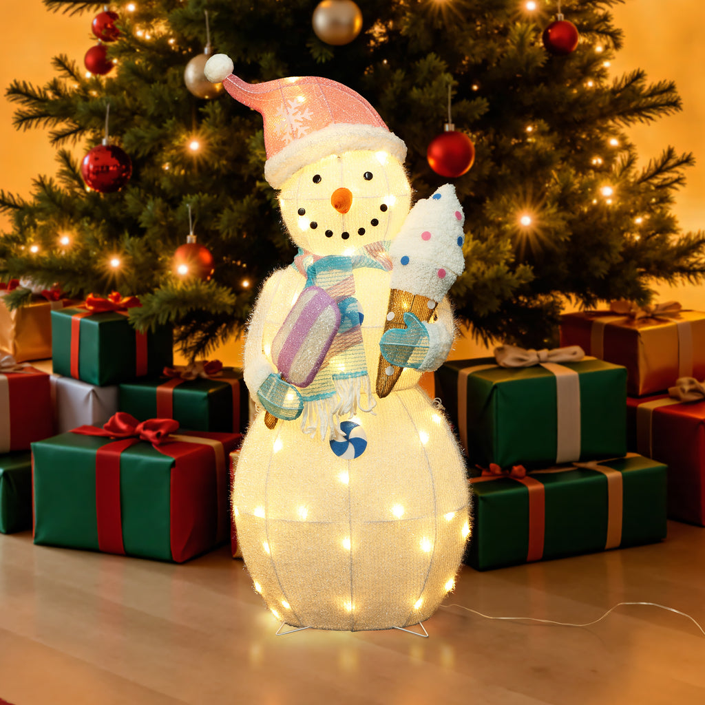 38.6" 50 LED Warm White Lighted Snowman with Ice Cream Christmas Decor, Pre-Lit Outdoor Yard Decoration with CE Adapter, Holiday Lawn Decor for Garden, Party, Home