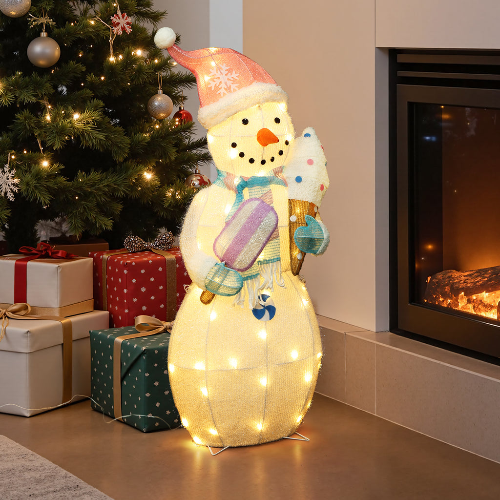 38.6" 50 LED Warm White Lighted Snowman with Ice Cream Christmas Decor, Pre-Lit Outdoor Yard Decoration with CE Adapter, Holiday Lawn Decor for Garden, Party, Home