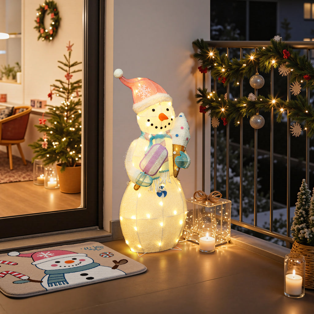 38.6" 50 LED Warm White Lighted Snowman with Ice Cream Christmas Decor, Pre-Lit Outdoor Yard Decoration with CE Adapter, Holiday Lawn Decor for Garden, Party, Home