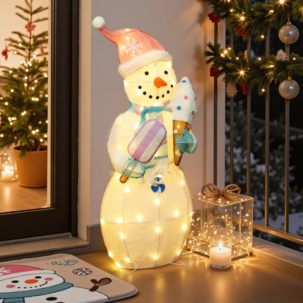 38.6" 50 LED Warm White Lighted Snowman with Ice Cream Christmas Decor, Pre-Lit Outdoor Yard Decoration with CE Adapter, Holiday Lawn Decor for Garden, Party, Home