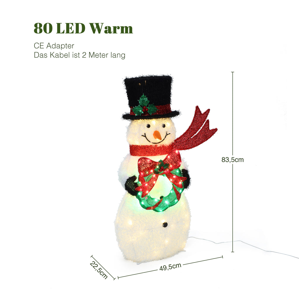 32.9" 80 LED Warm White Lighted Snowman with Wreath Christmas Decor, Pre-Lit Outdoor Yard Decoration with CE Adapter & 2m Cable, Holiday Lawn Decor for Garden, Party, Home