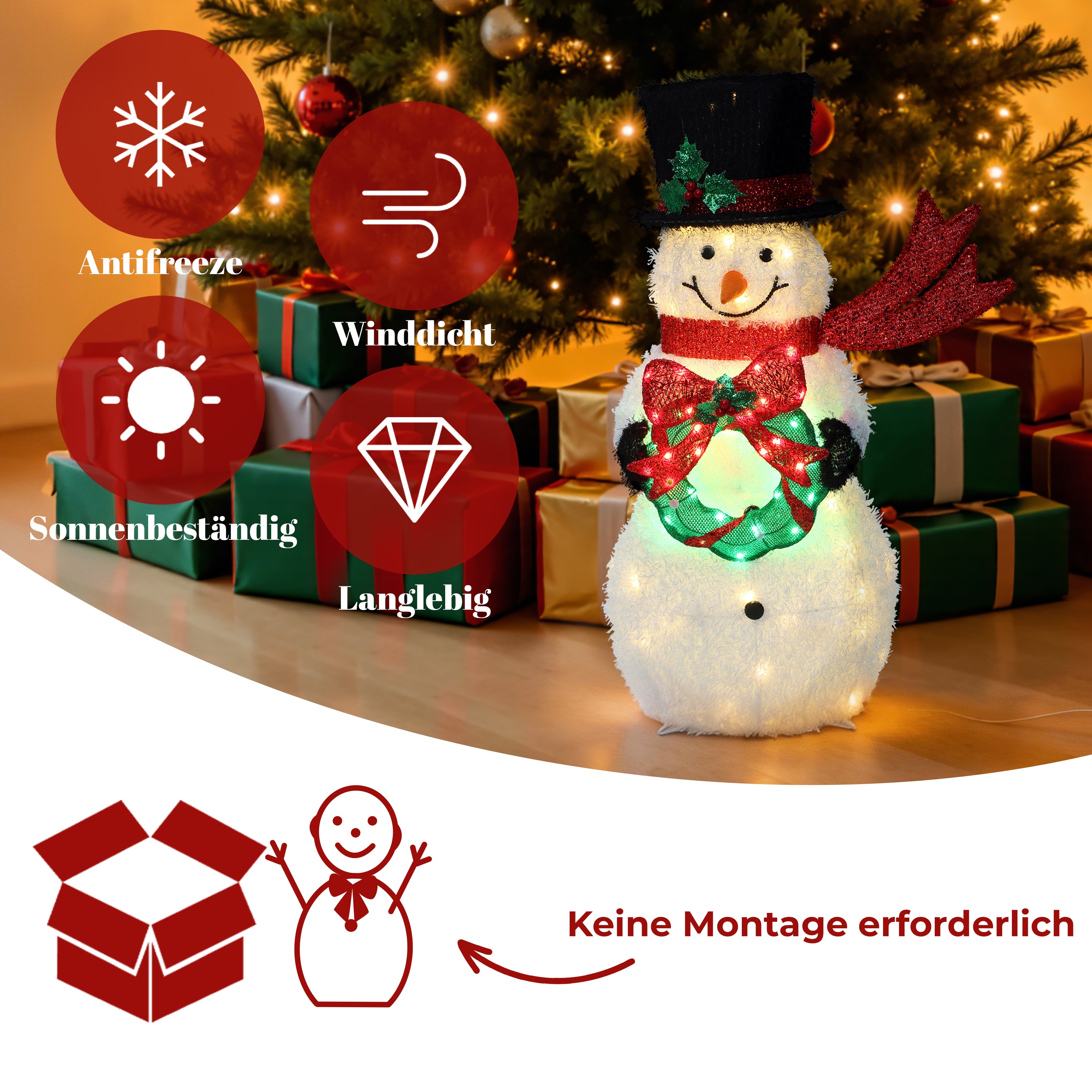 32.9" 80 LED Warm White Lighted Snowman with Wreath Christmas Decor, Pre-Lit Outdoor Yard Decoration with CE Adapter & 2m Cable, Holiday Lawn Decor for Garden, Party, Home